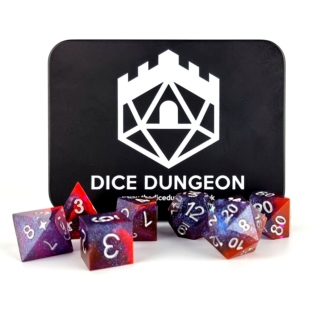 twlights gaze sharp edge dnd dice set red and blue with tin