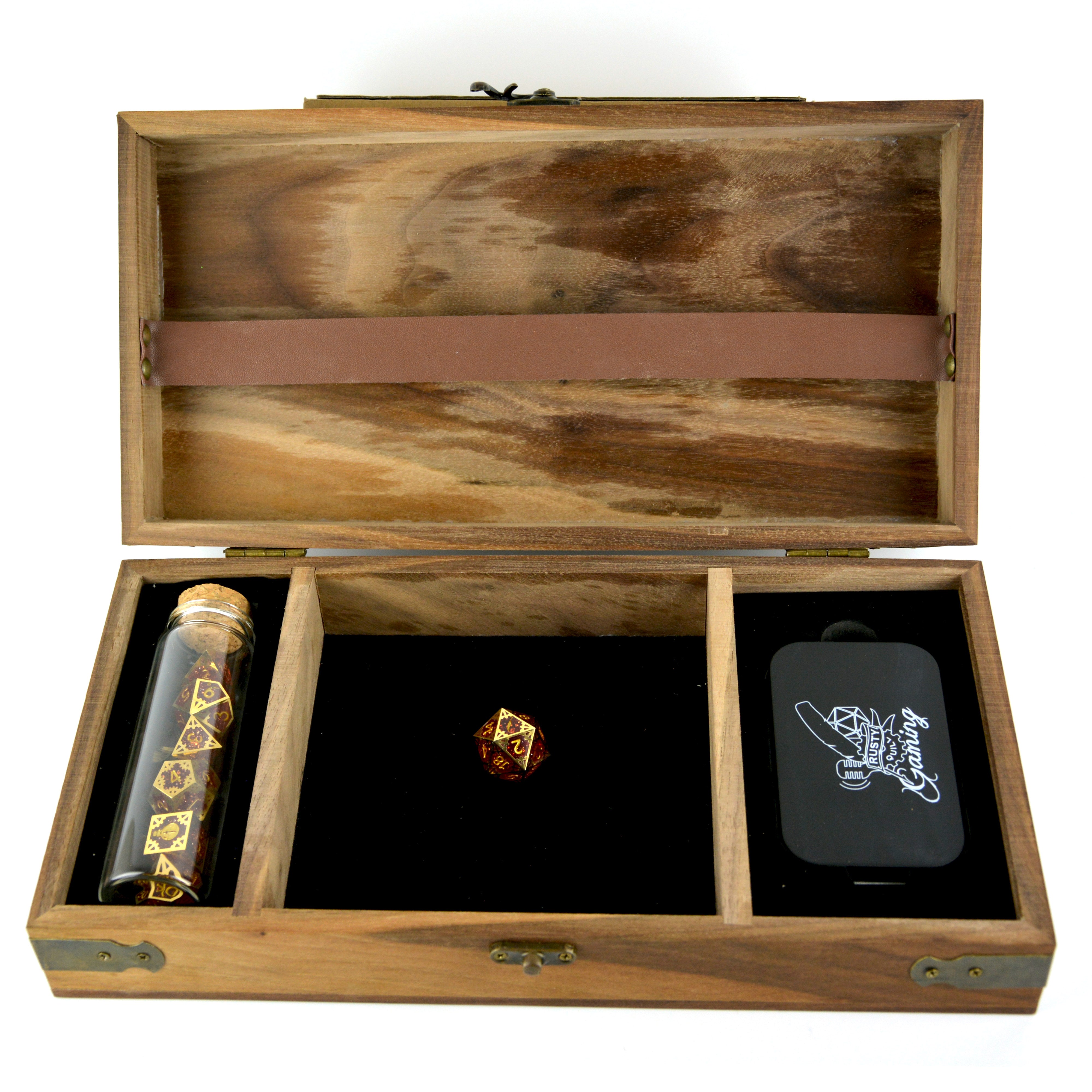 Wooden collectors box open for the rusty quill gaming set