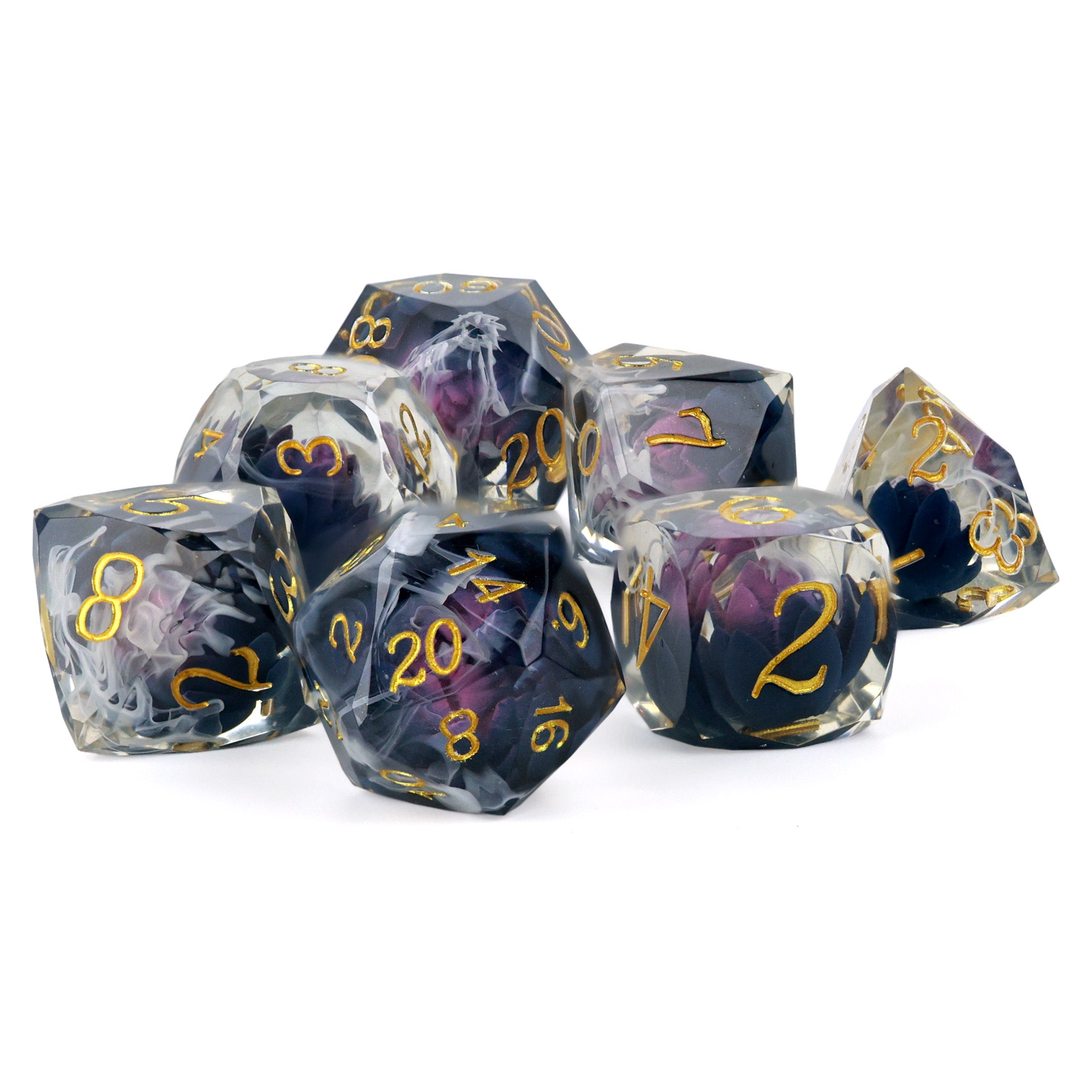 Black Lotus Flower 7 piece polyhedral dice set DND