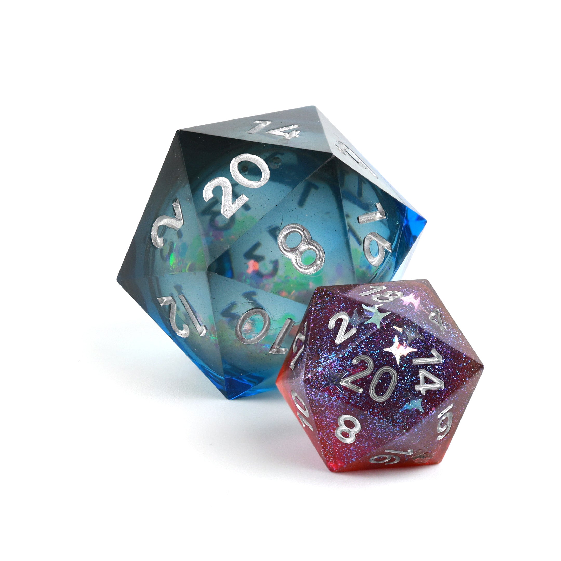 Blue and Black D20 35mm Liquid Core with size comparison