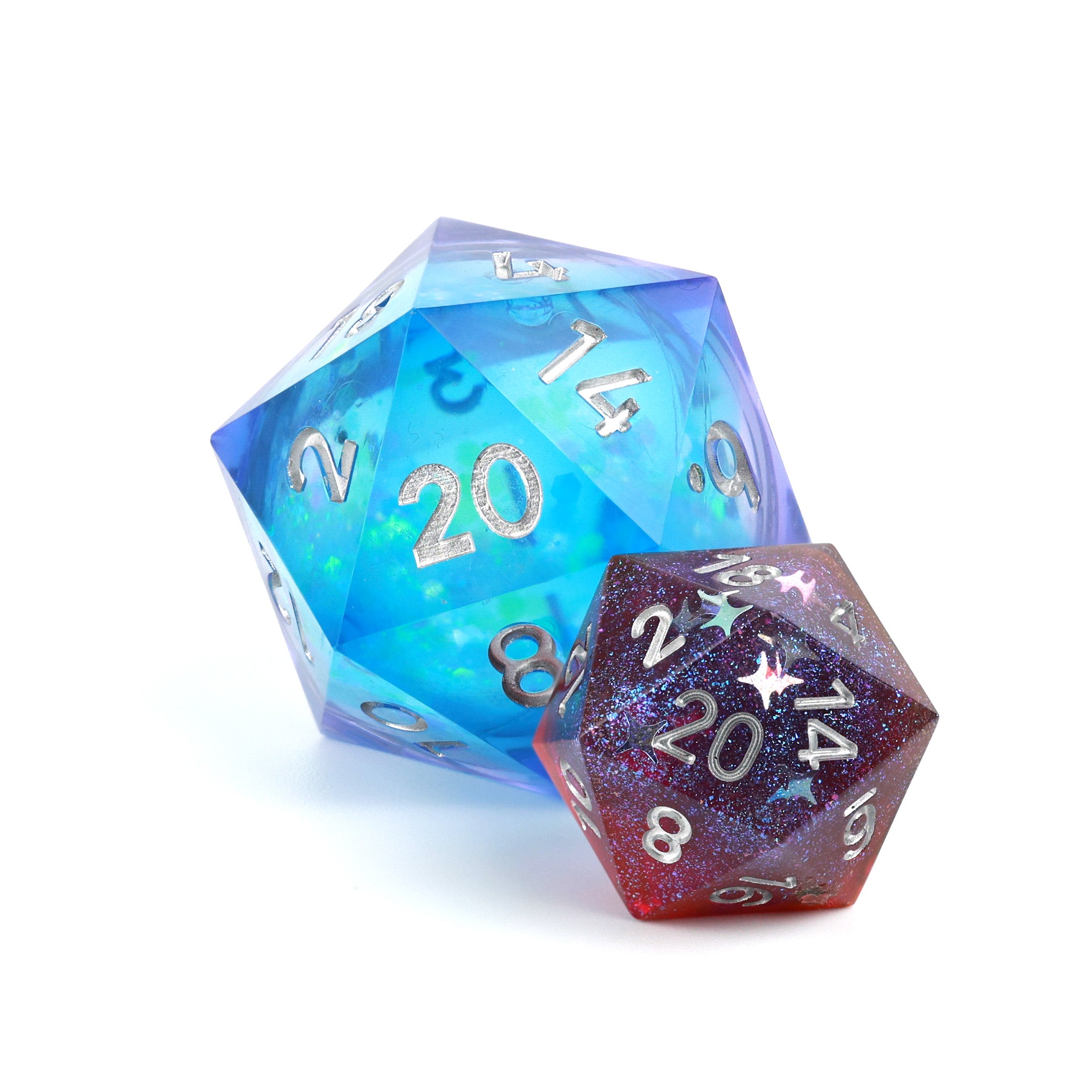 Blue and Purple D20 35mm Liquid Core with size comparison