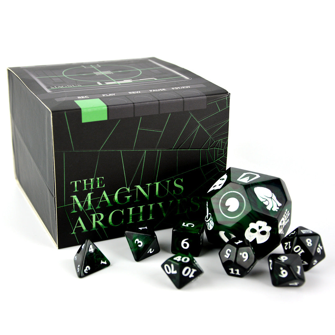 The Magnus Archives Entities Dice Set with Box. Green and black 7 piece set and D16 and accompanying gift box