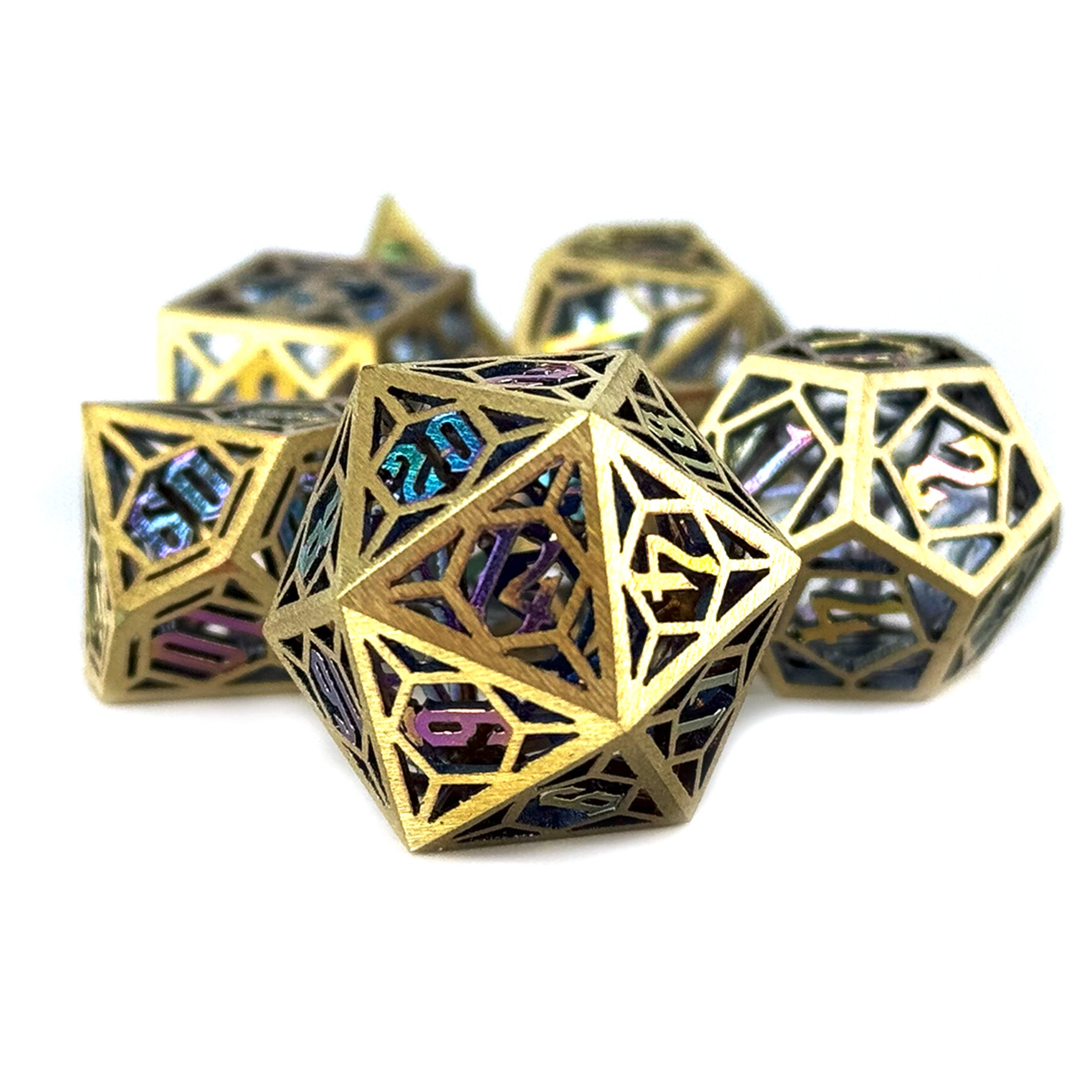 Hollow metal framed polyhedral dice for dnd. In a gold and rainbow colour.