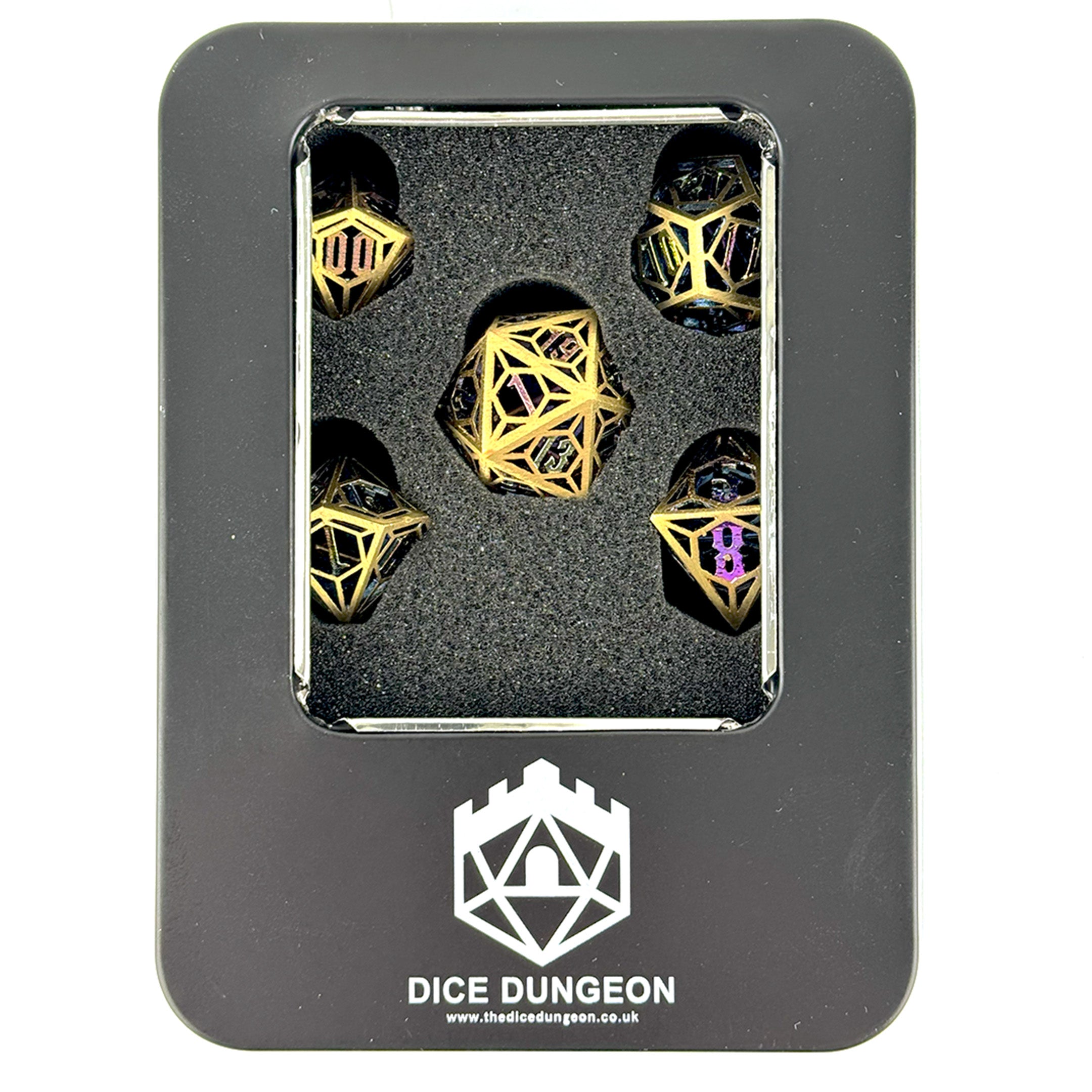 Hollow metal framed polyhedral dice for dnd. In a gold and rainbow colour in a gift tin