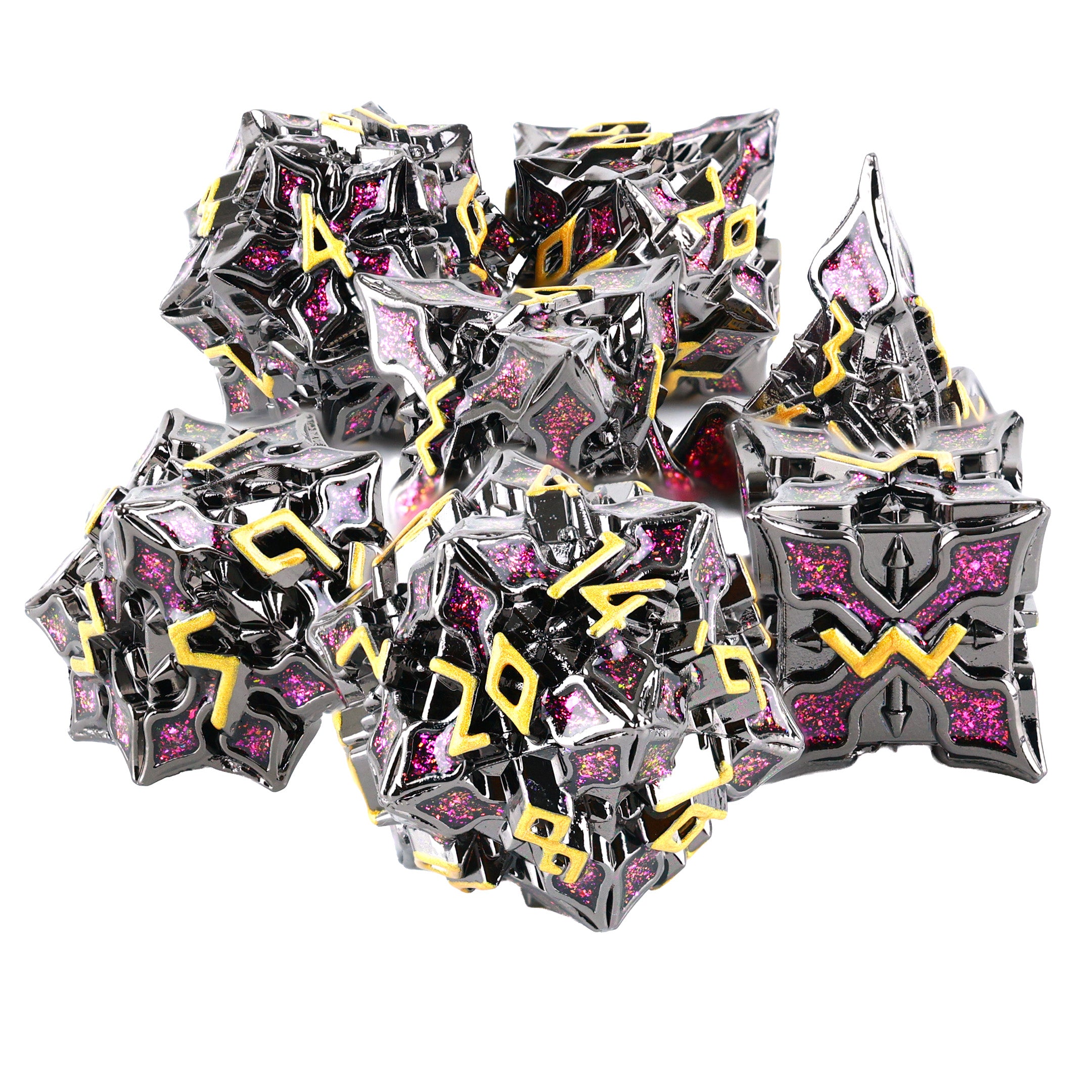 Collection of metallic star-shaped dice with pink and yellow accents on a white background