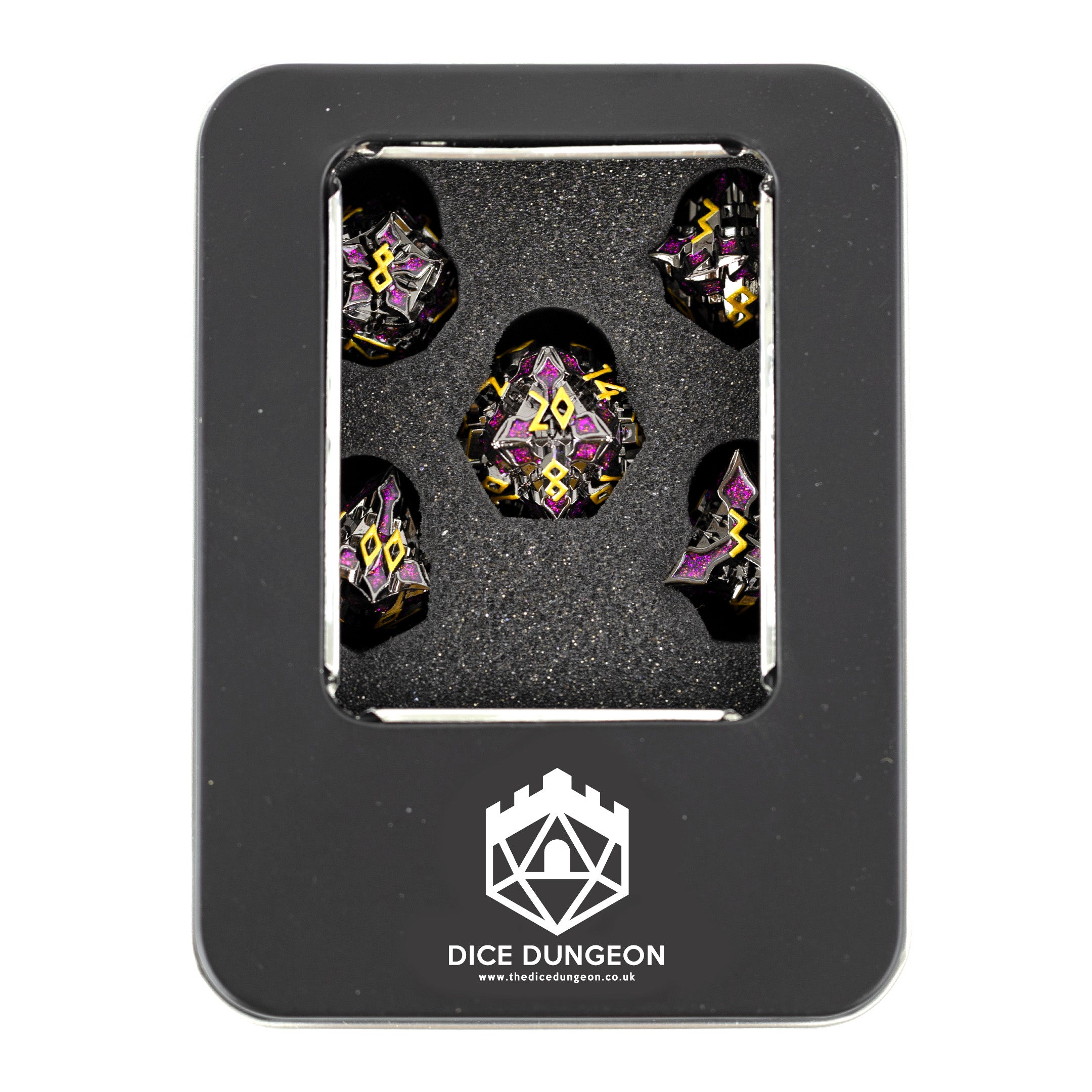 Collection of metallic star-shaped dice with pink and yellow accents on a white background in a metal storage tin