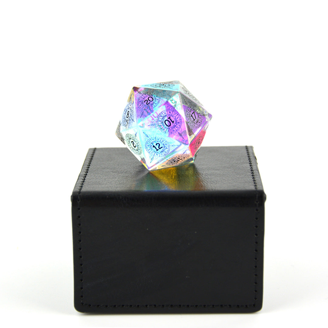 rainbow crystal dnd d20 on top of presentation box