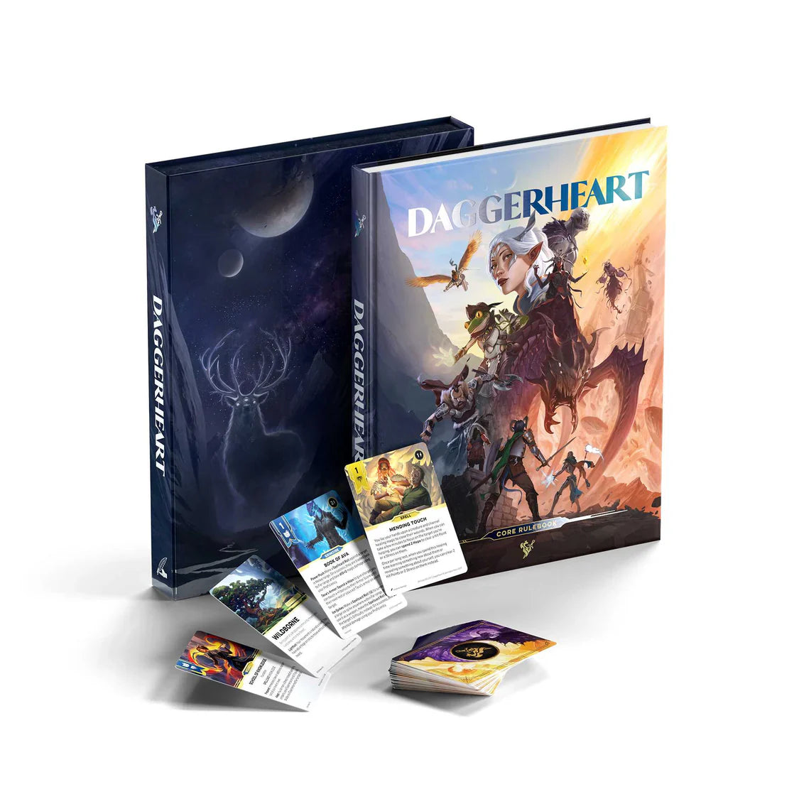 Daggerheart game box with artwork and cards on a white background