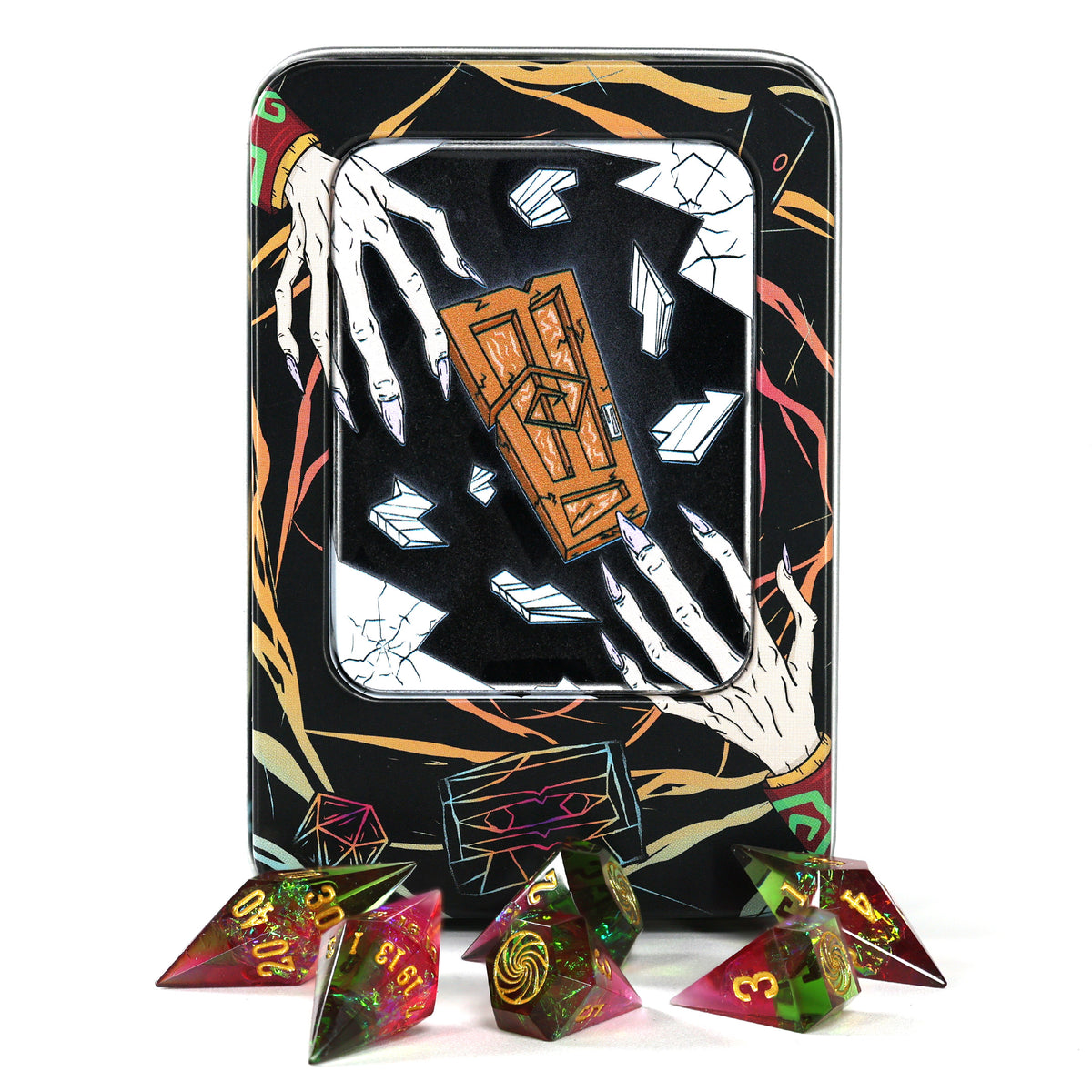 A black metal tin with a gothic illustration of skeletal hands breaking glass and an orange coffin, with several translucent multicolor polyhedral dice placed in front on a white background.
