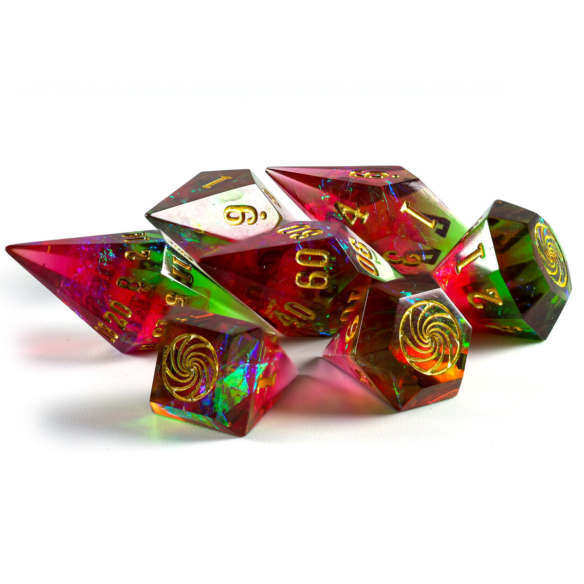 A set of translucent polyhedral gaming dice with gold numbering and holographic rainbow swirl patterns, arranged on a white background.