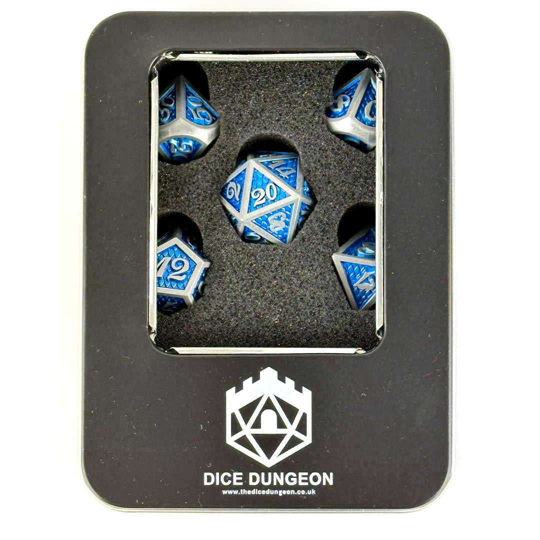 Scales of The Blue Wyrm dnd dice set with tin