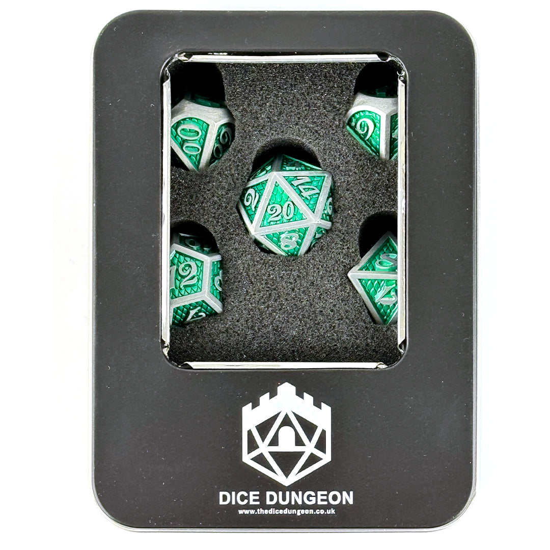 Scales of The Wyrm dnd dice set with tin