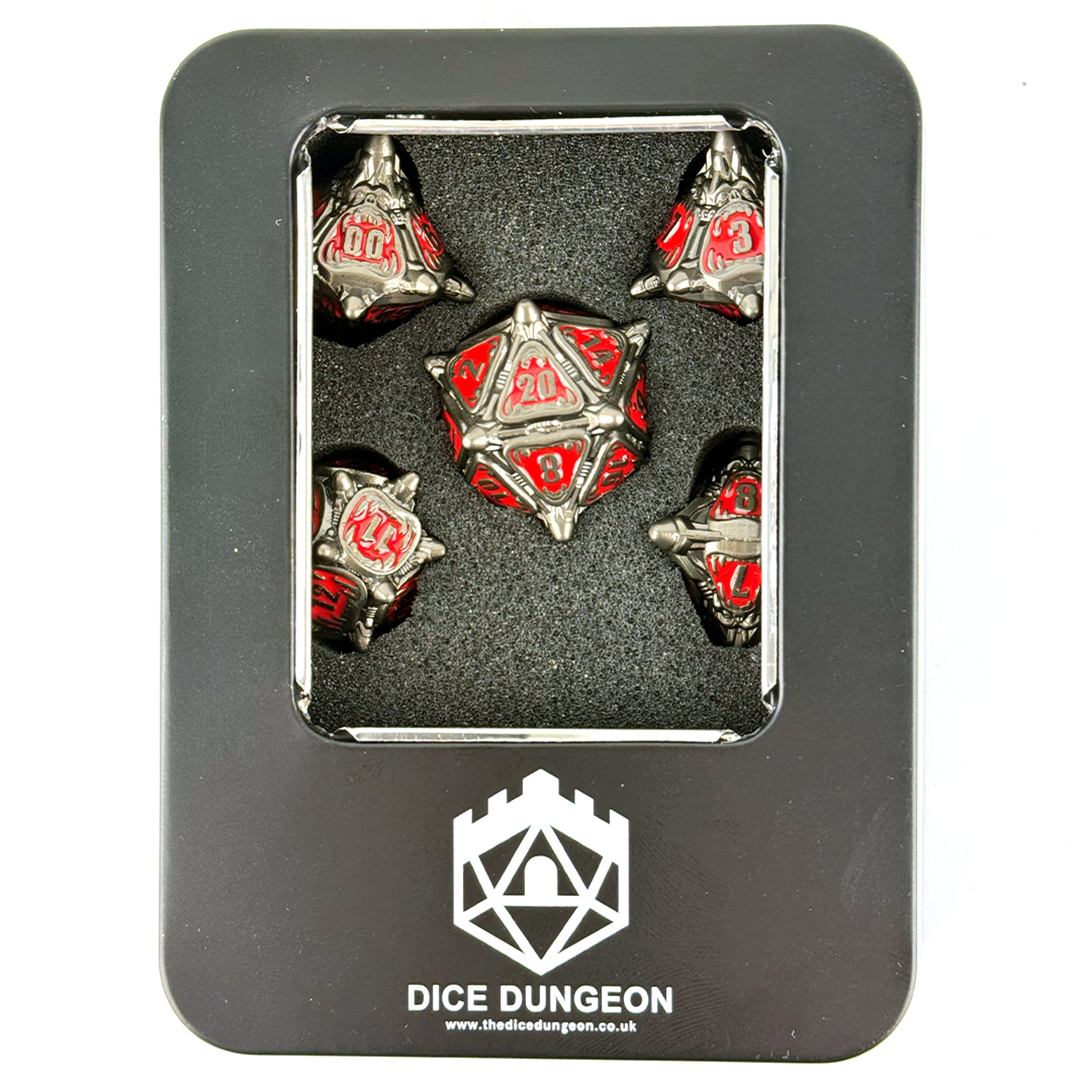 Evil Spirt Oni red dnd dice set with tin