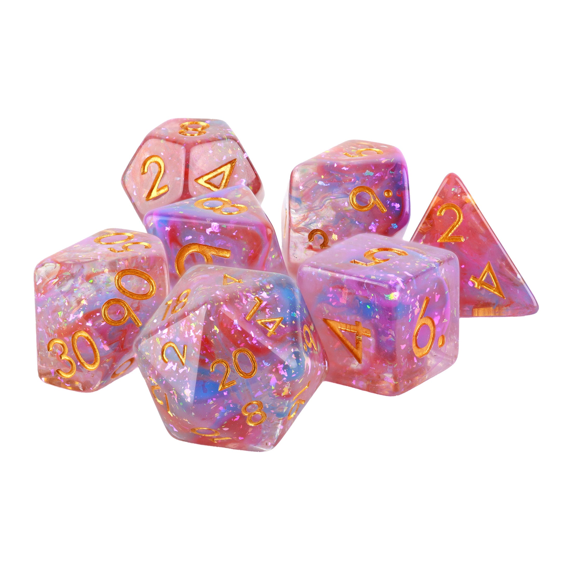 Set of colorful polyhedral dice with pink and purple hues on a white background for RPG TTP Games