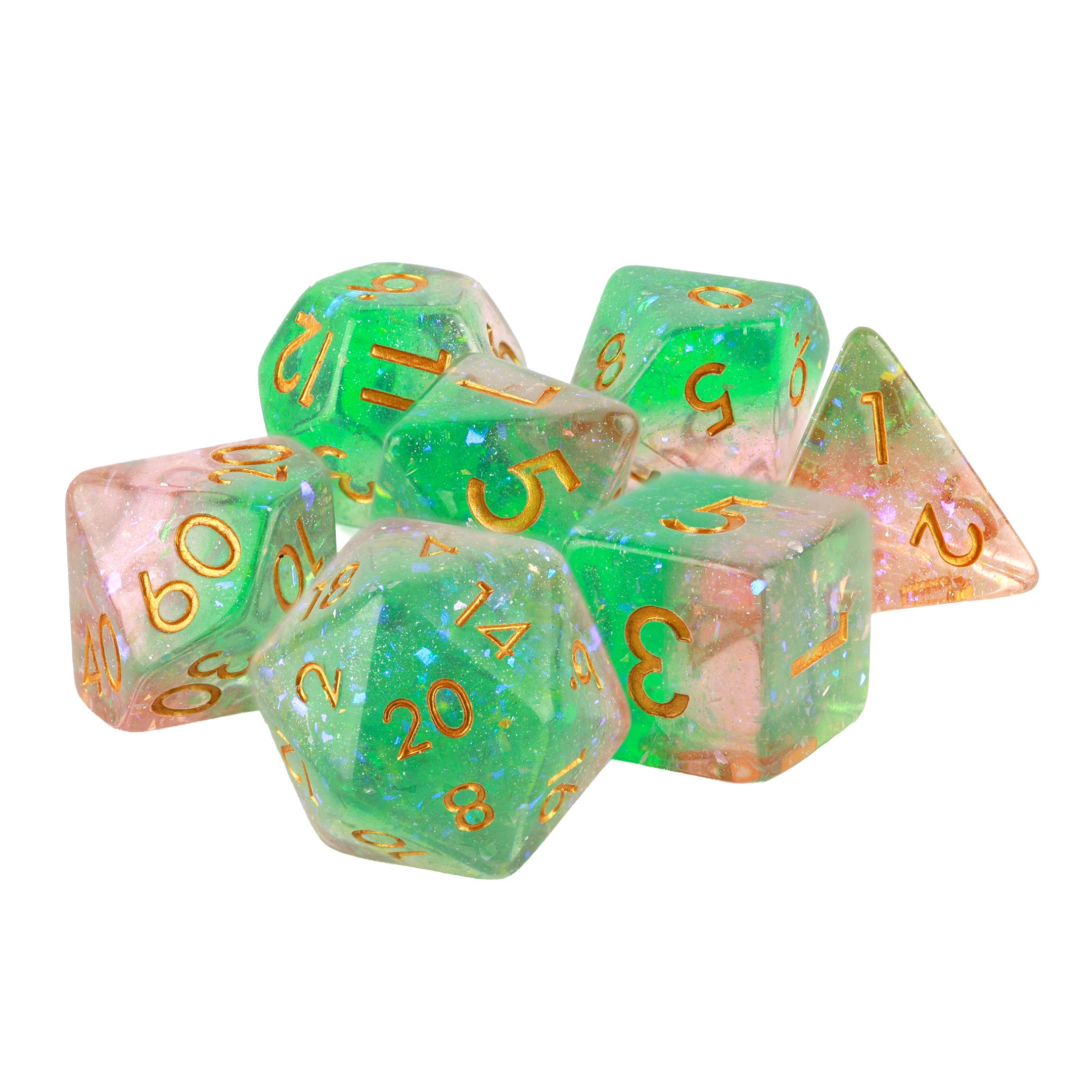 Set of colorful polyhedral dice with glowing green and pink hues on a white background