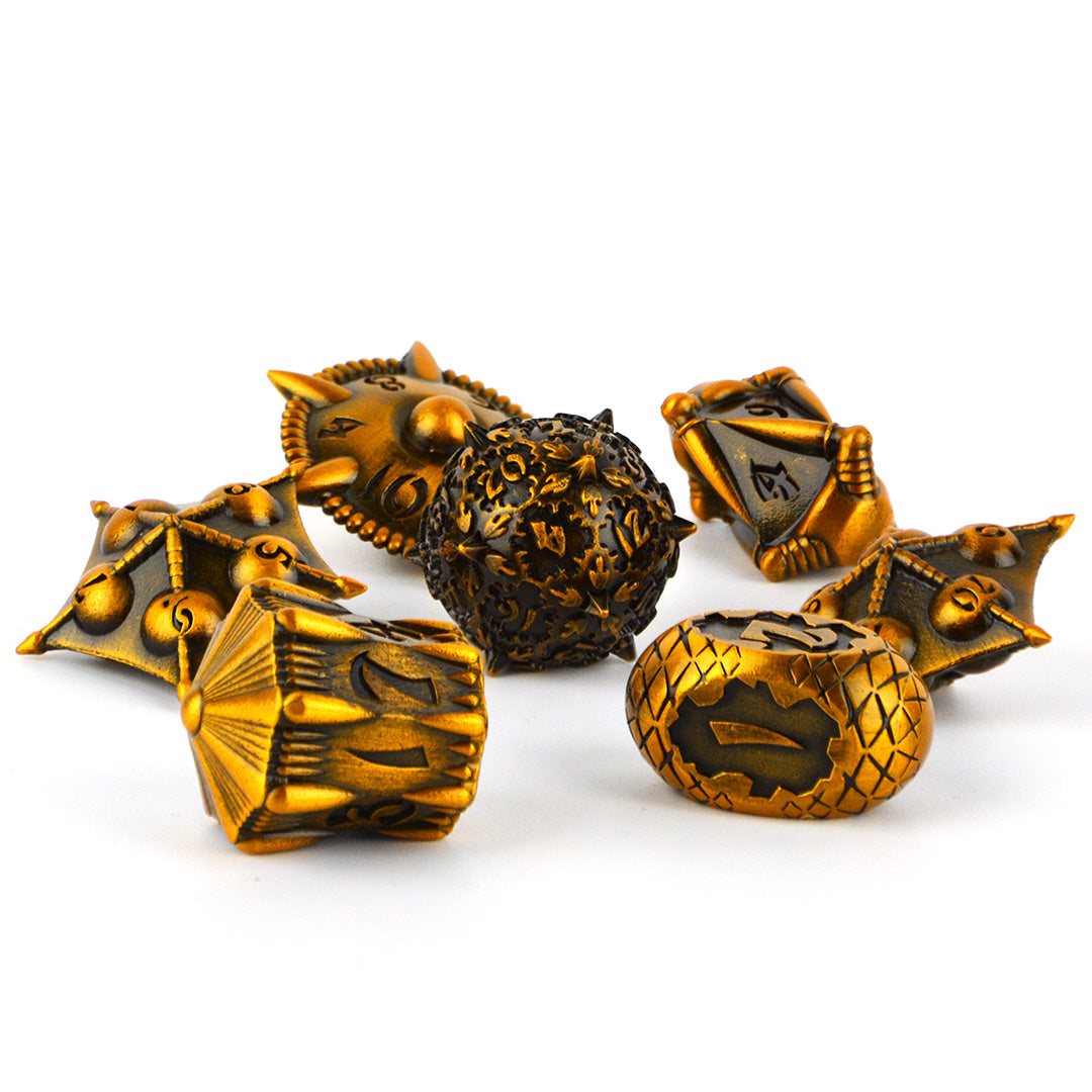 Metallurgic Mastery: Gold dnd dice set zoomed out