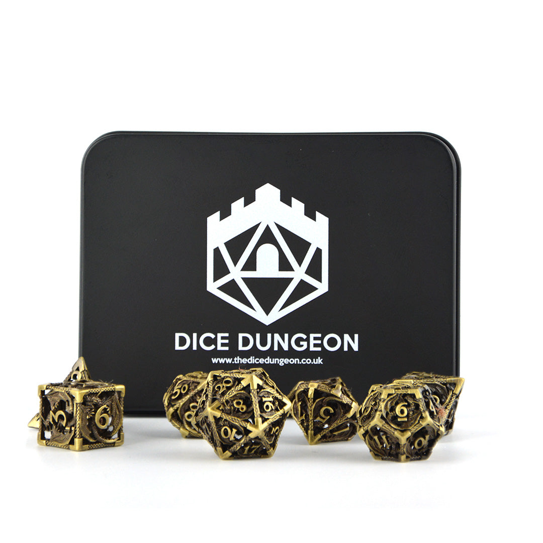 Nickel hollow metal dice for TTRPG Games like DND including a metal storage tin
