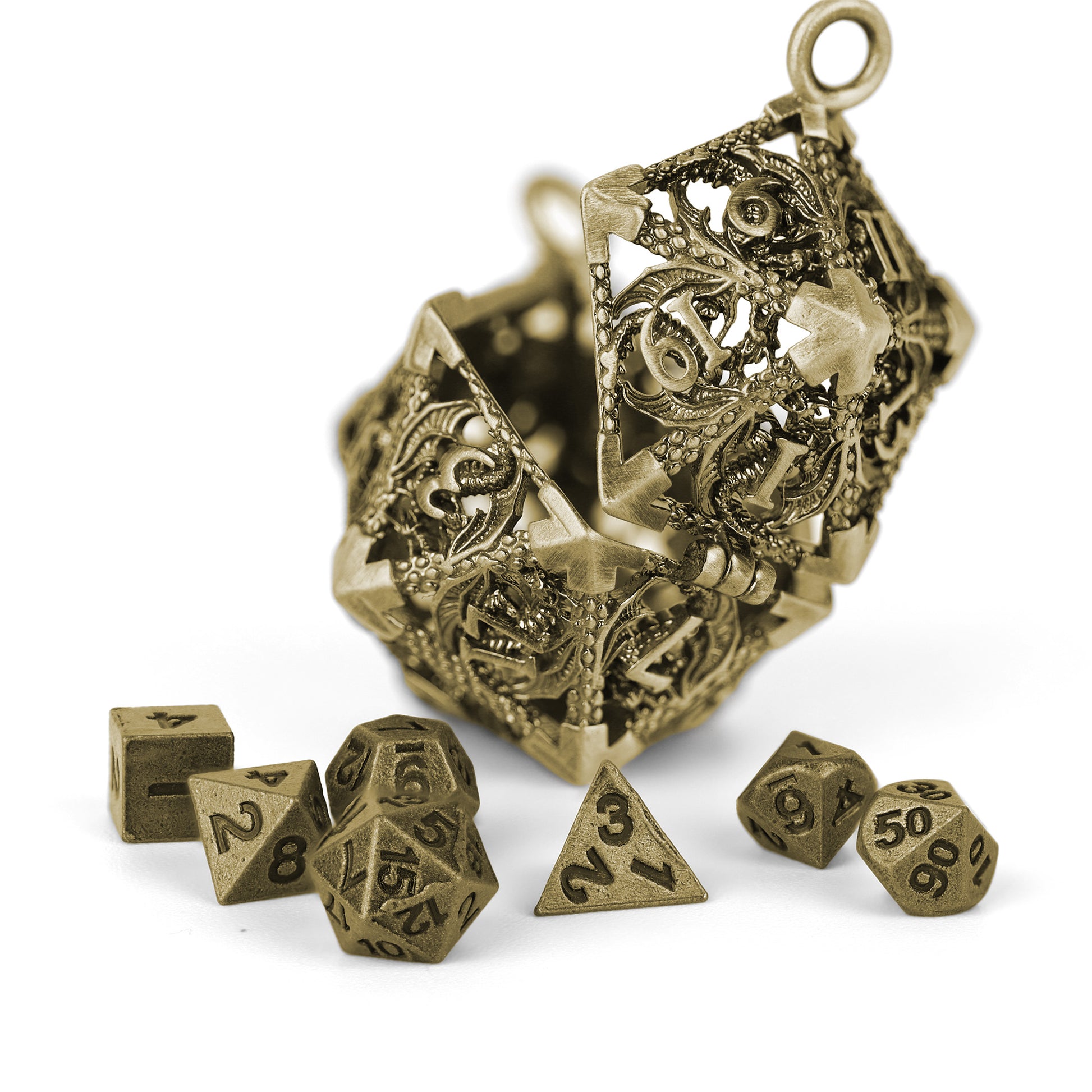 Set of ornate Nickel dice with detailed patterns on a white background