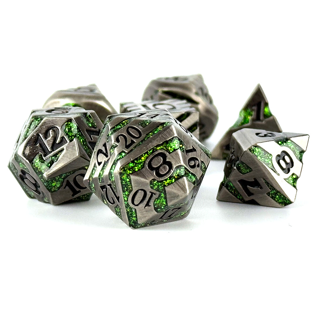 Green and silver dnd dice