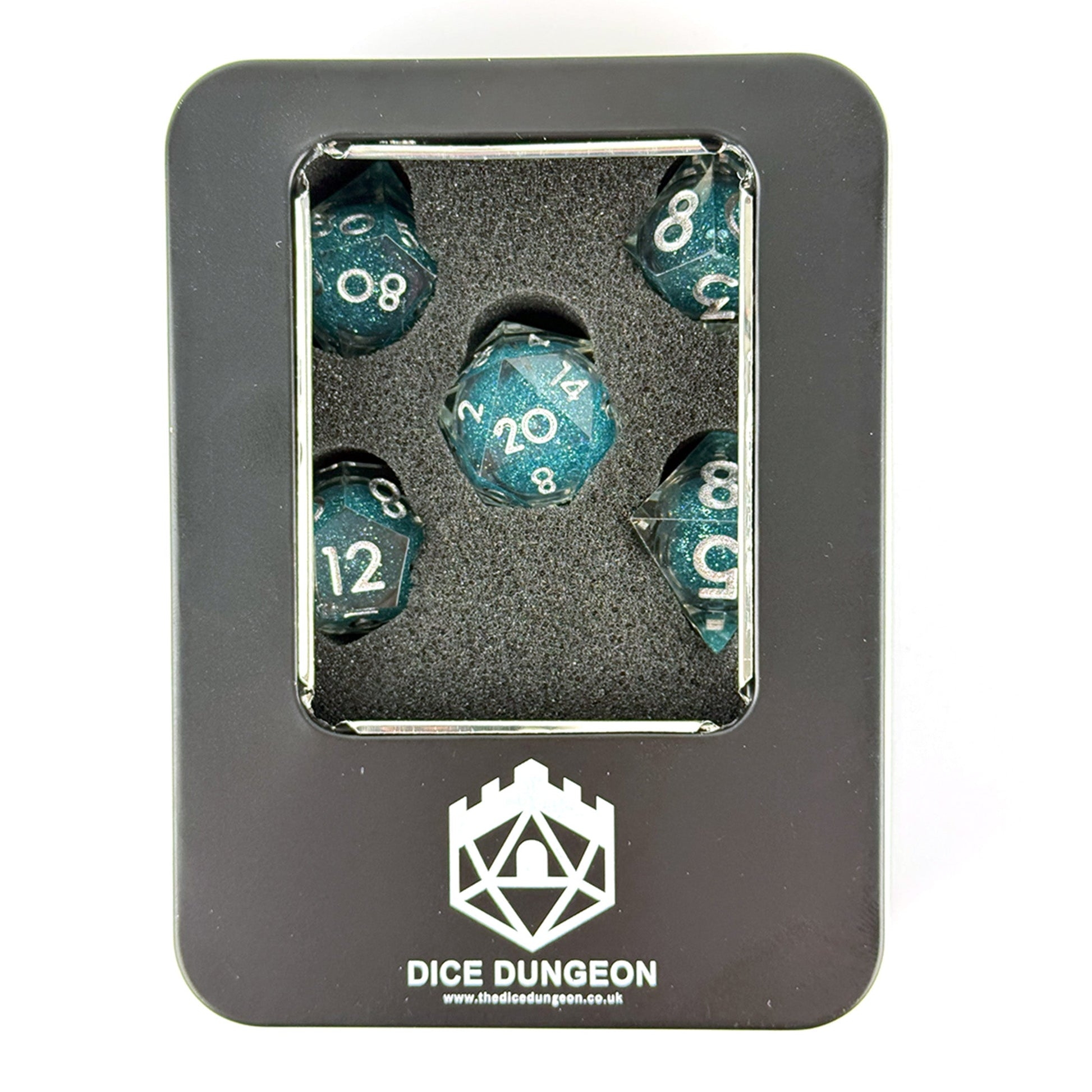 Dungeons and Dragons liquid core resin dice light blue glitter and silver text inside a gift tin