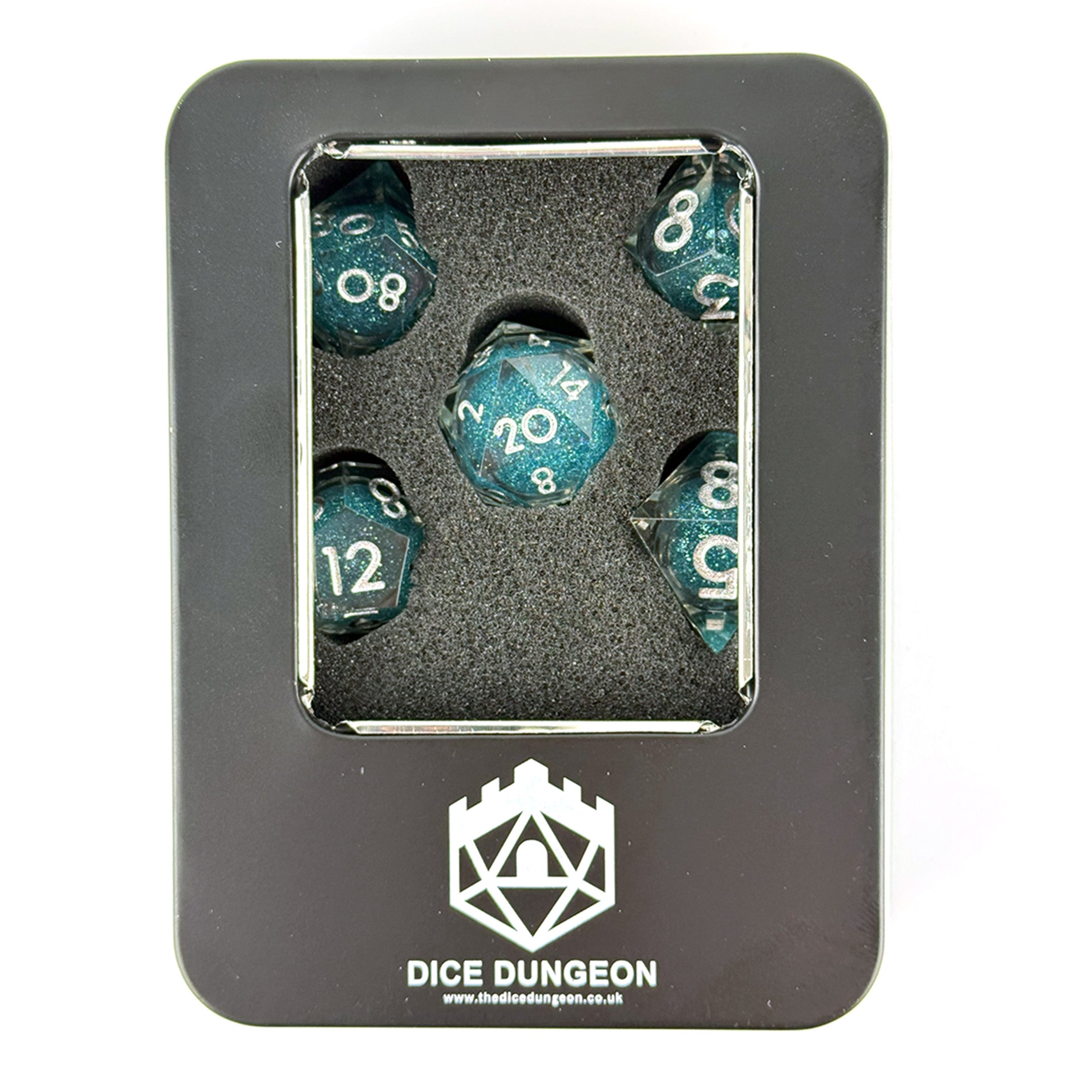 Dungeons and Dragons liquid core resin dice light blue glitter and silver text inside a gift tin