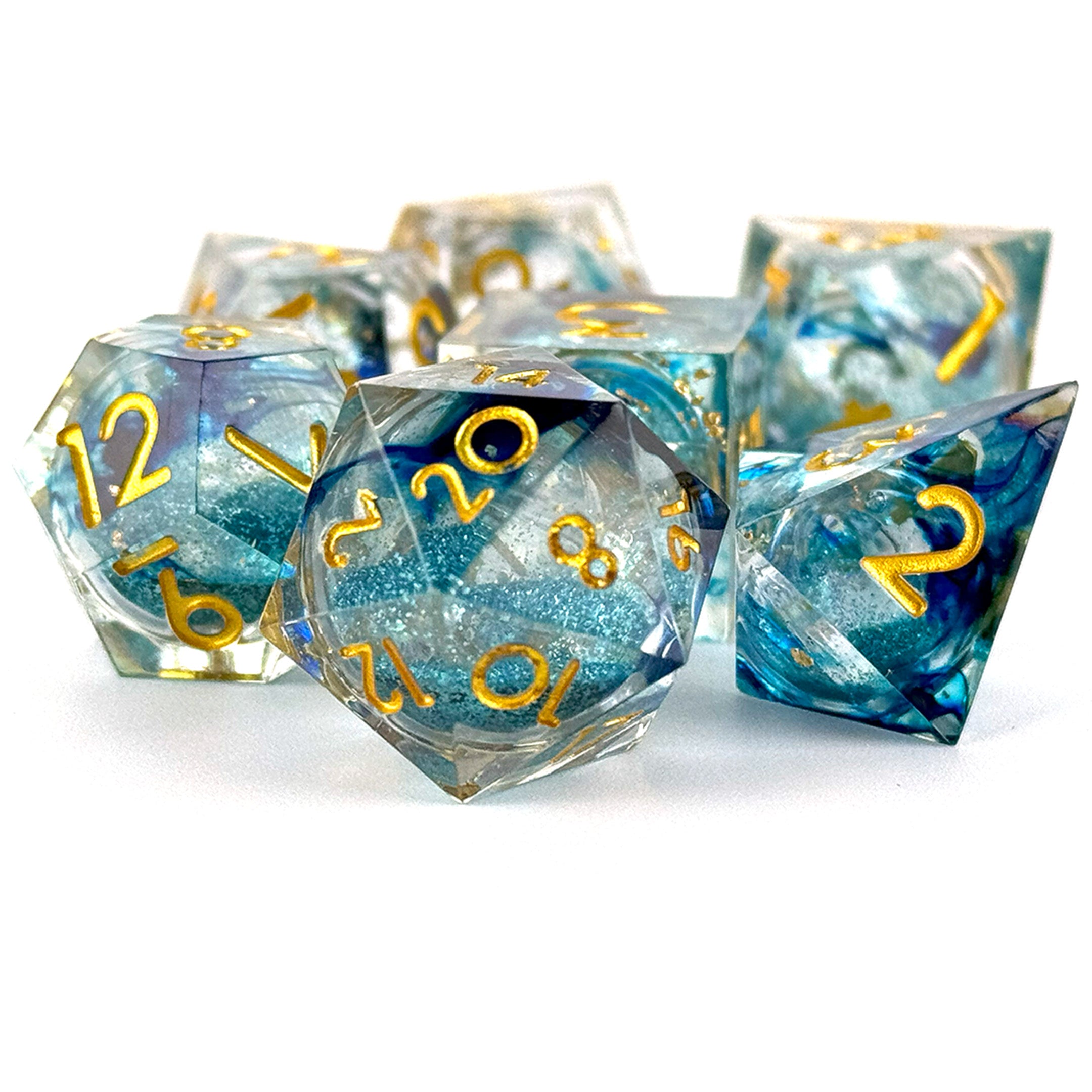 DND liquid core resin polyhedral dice in blue and yellow with glitter