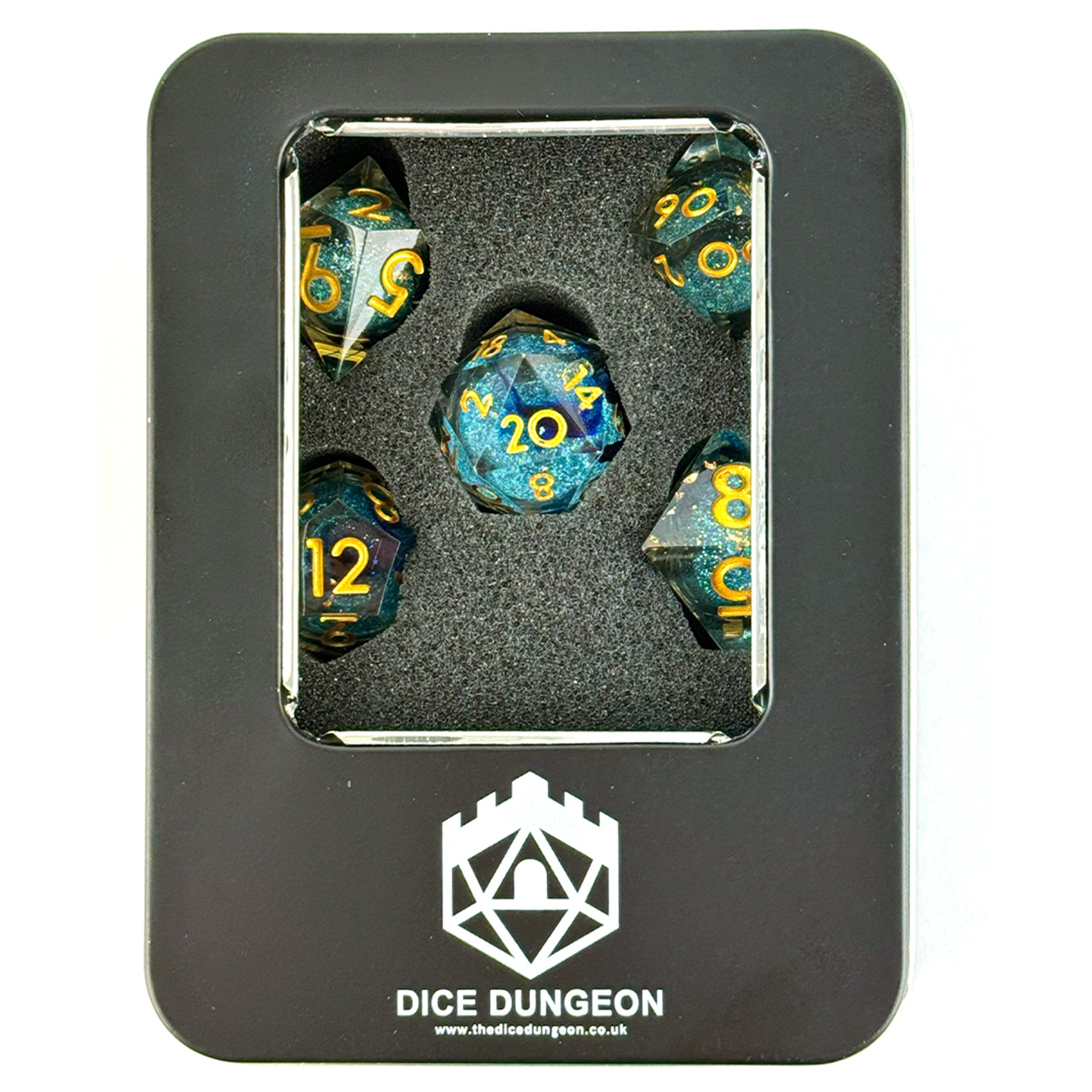 DND liquid core resin polyhedral dice in blue and yellow with glitter with gift tin