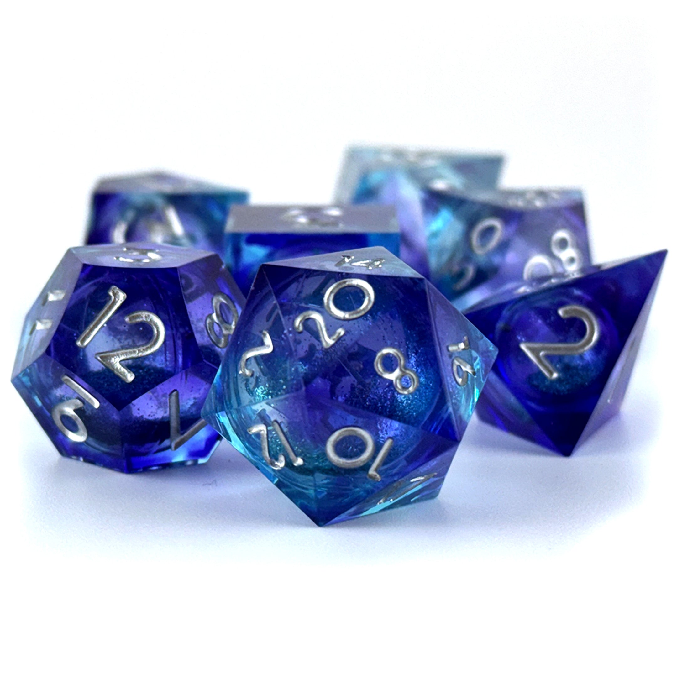 DND Liquid Core Resin Dice with silver glitter and inking