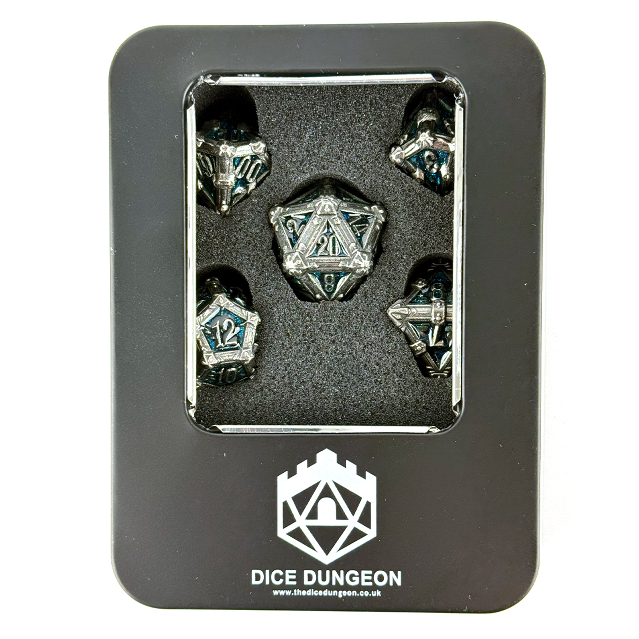 Lodestone Sapphire dnd dice set with tin