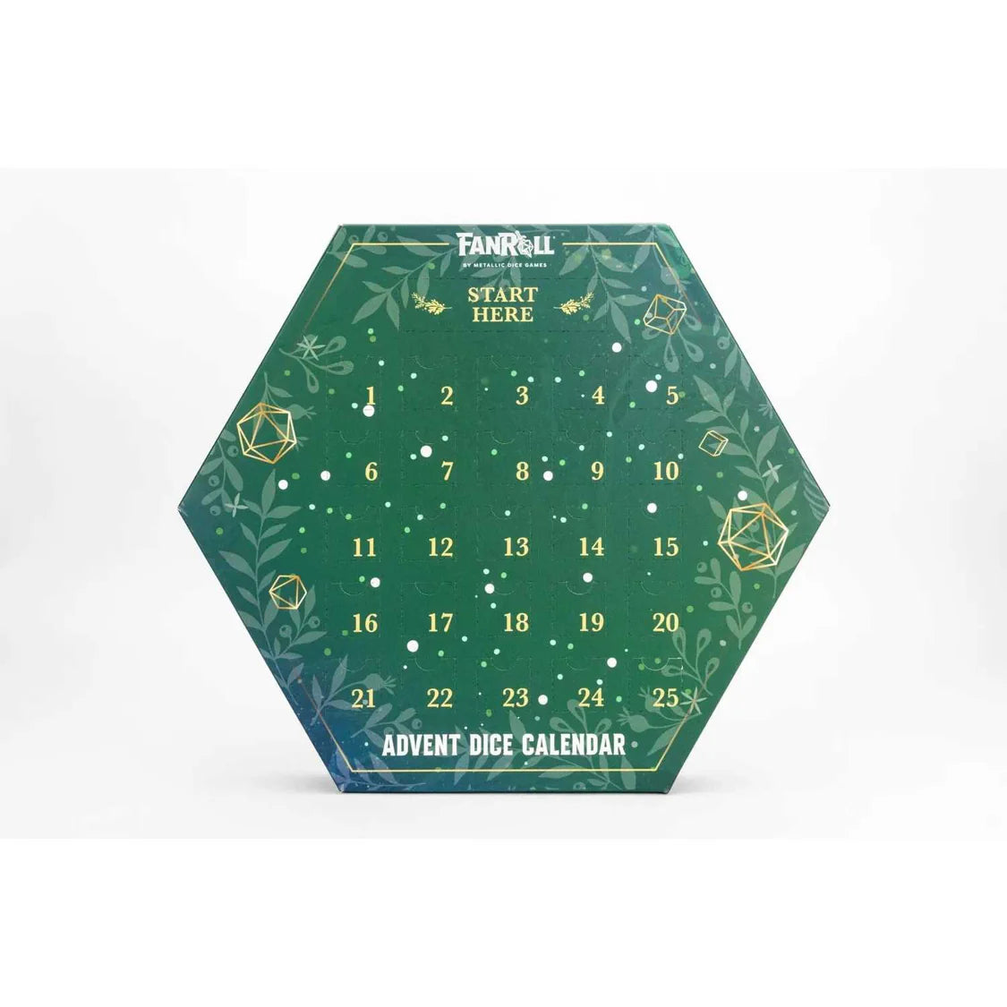 Hexagonal green advent dice calendar with gold text on a white background