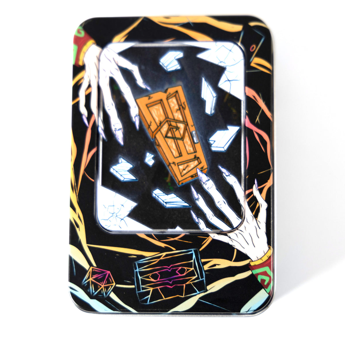 A rectangular black enamel pin with rounded corners, featuring a graphic illustration of skeletal hands reaching for a gold coffin surrounded by shattered glass, on a white background.