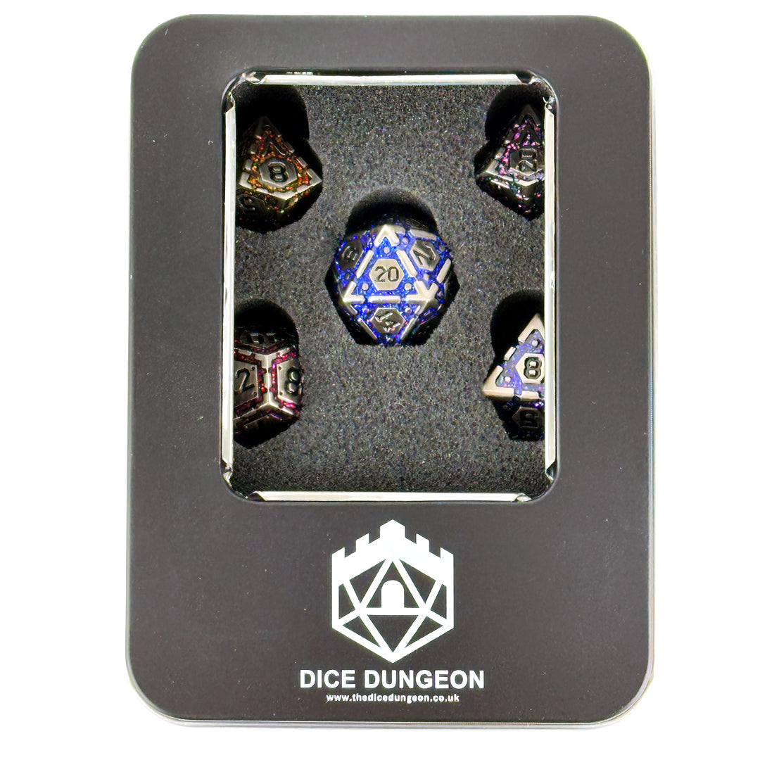 Arcane Relics Prismforge rainbow dnd dice set with tin