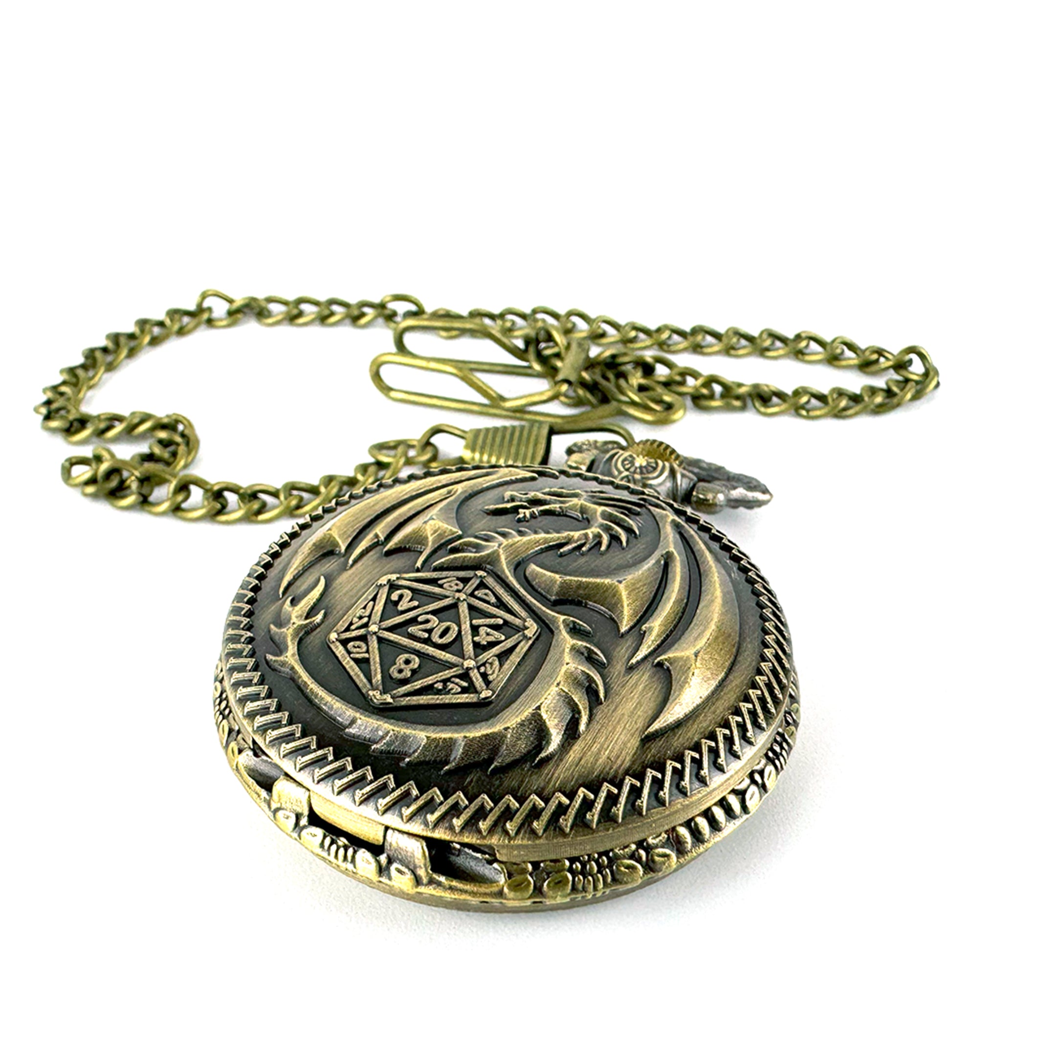 DnD gold pocket watch with a dragon and d20 on the front