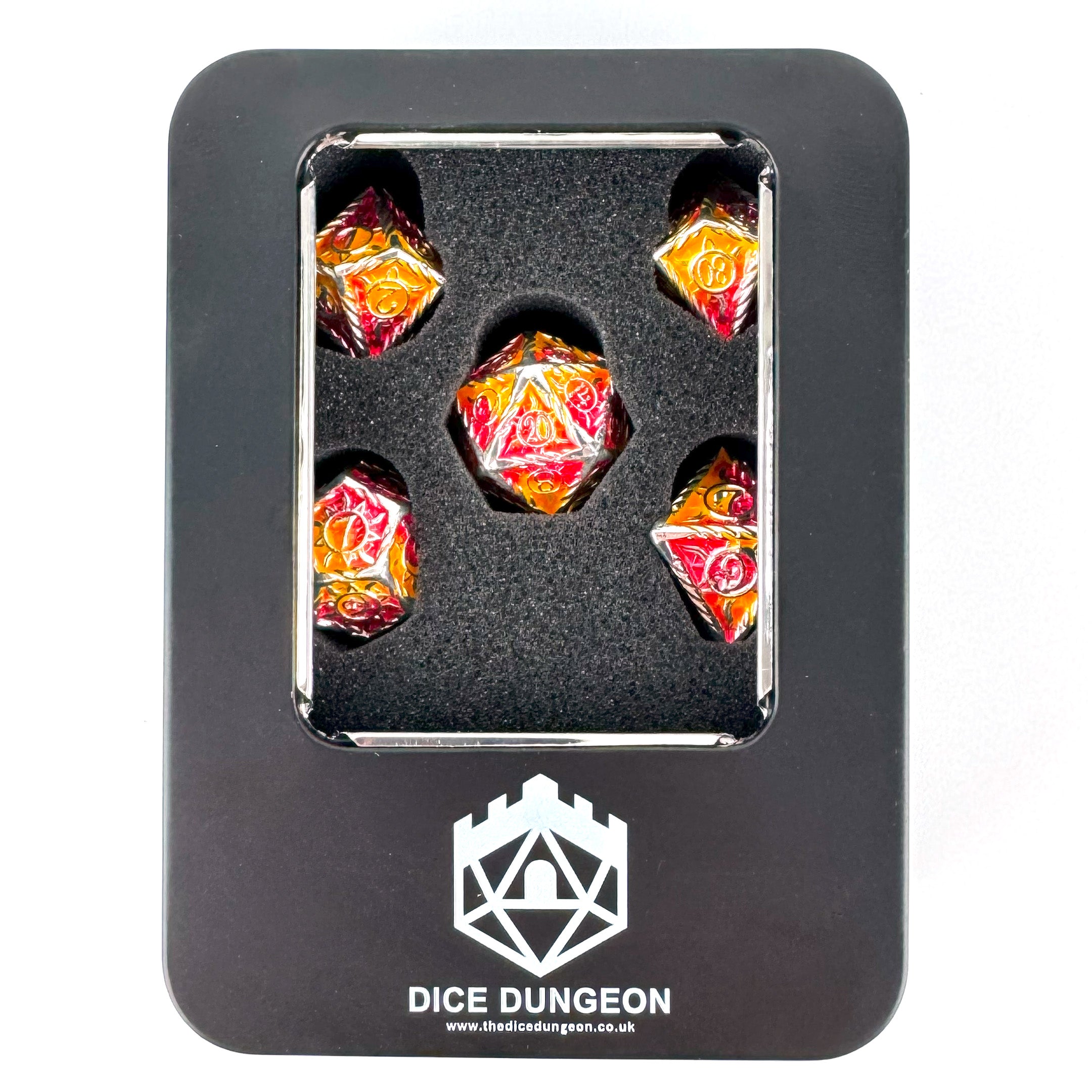 Morninglord Sunfire red and orange dnd dice set with tin