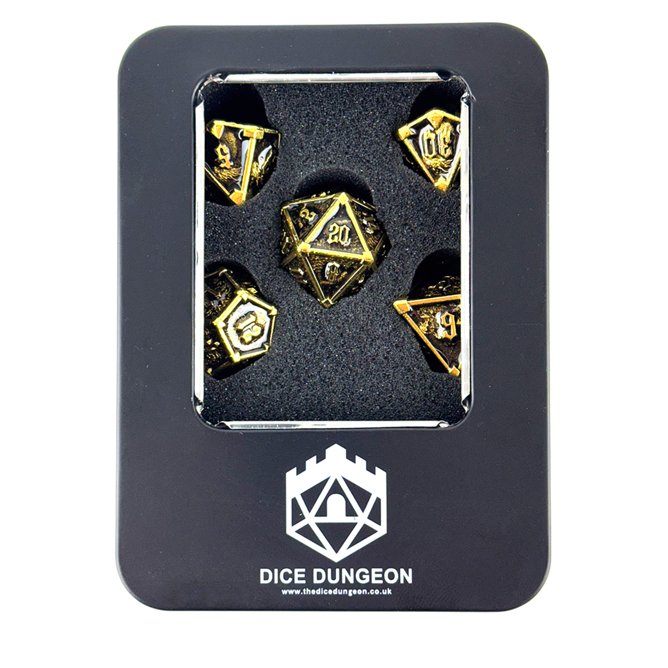 Nechhroma glod and black dnd dice with tin