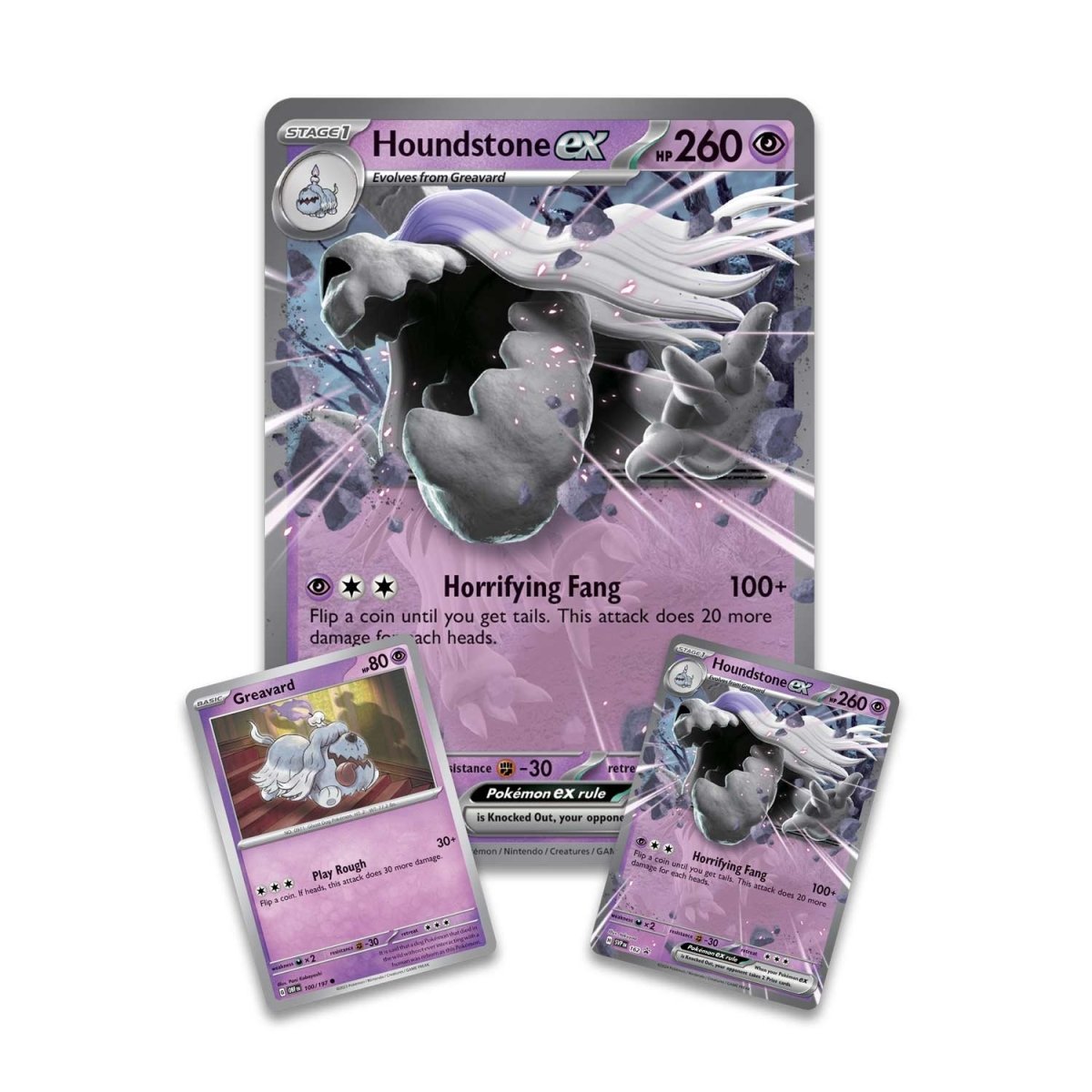 Pokémon trading card featuring Houndstone EX with additional cards on a white background