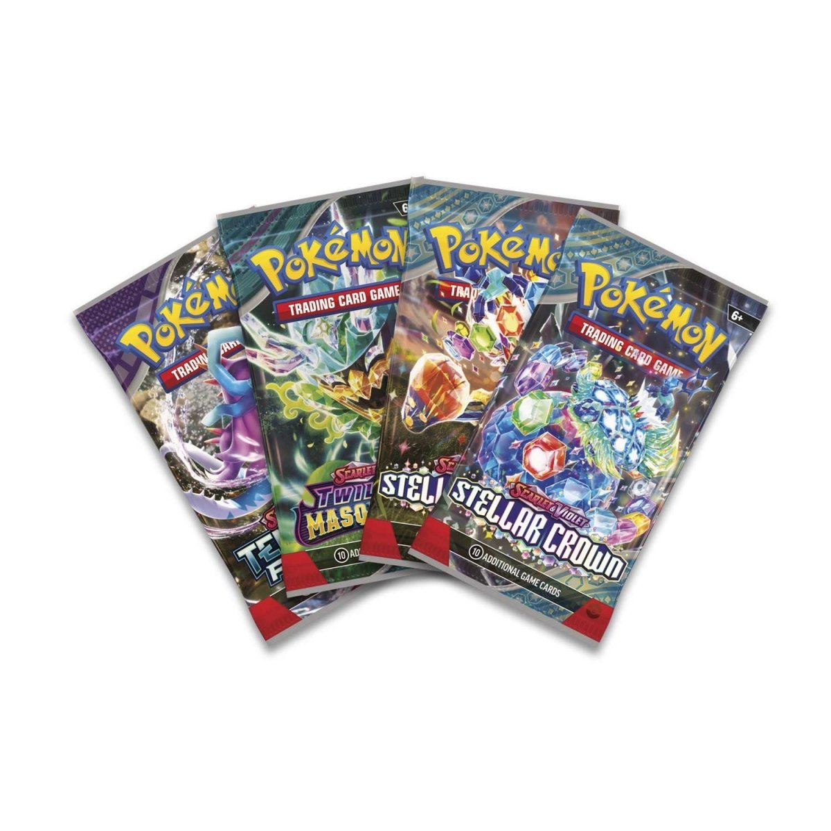 Collection of Pokémon trading card game packs on a white background