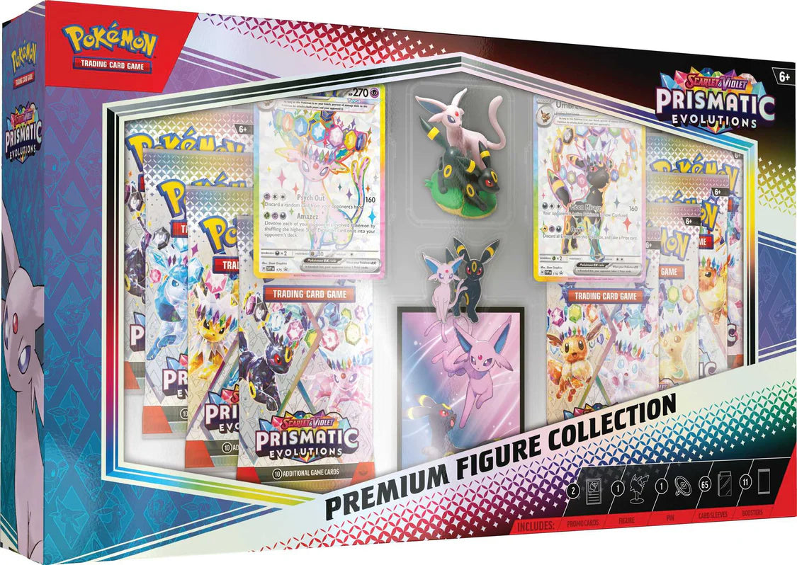 Pokémon Prismatic Evolutions Premium Figure Collection packaging with figures and cards.