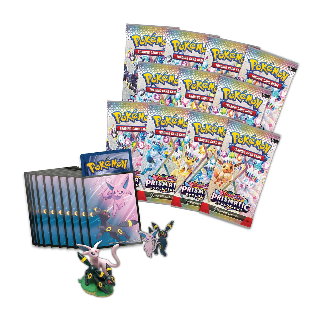 Collection of Pokémon trading card packs and figures on a white background