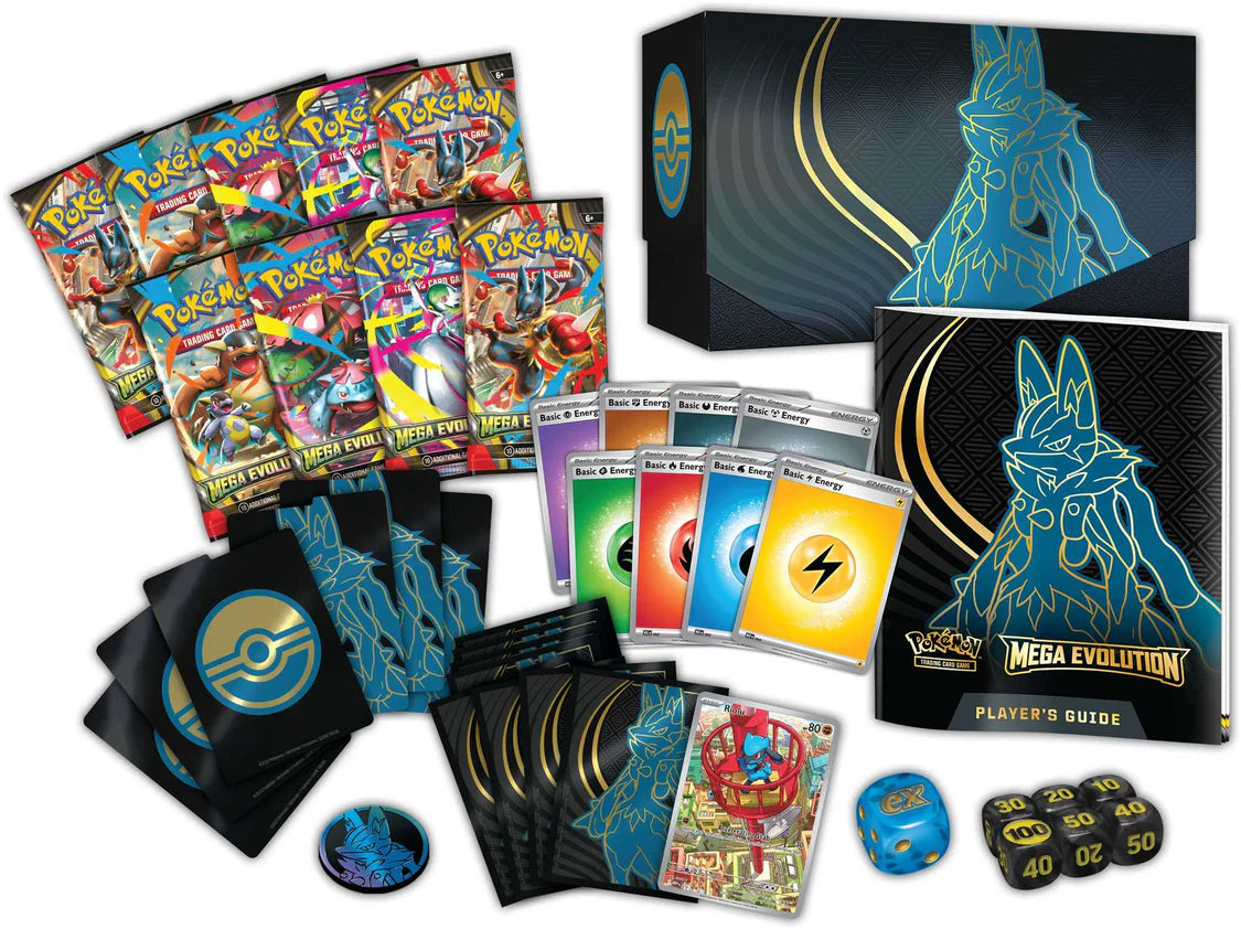 Pokémon trading card game products including cards, packs, and a player's guide on a white background.