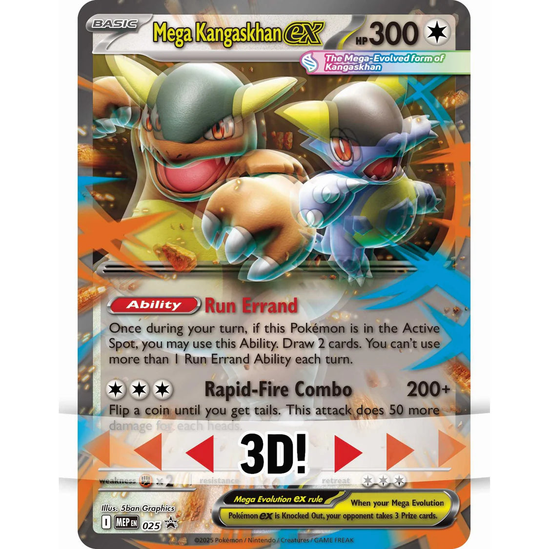Mega Kangaskhan EX trading card with character illustration and game details.