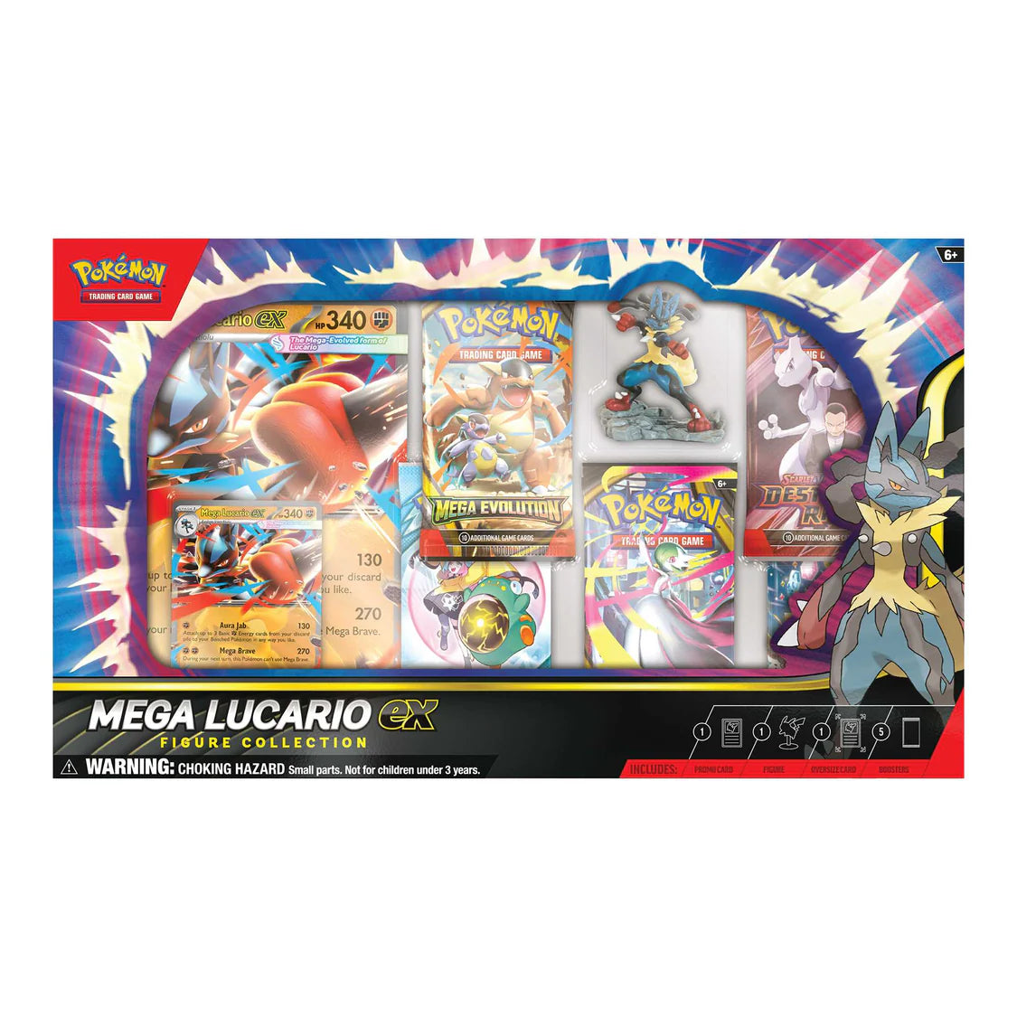 Pokémon Mega Lucario EX Figure Collection packaging with cards and figures on a white background