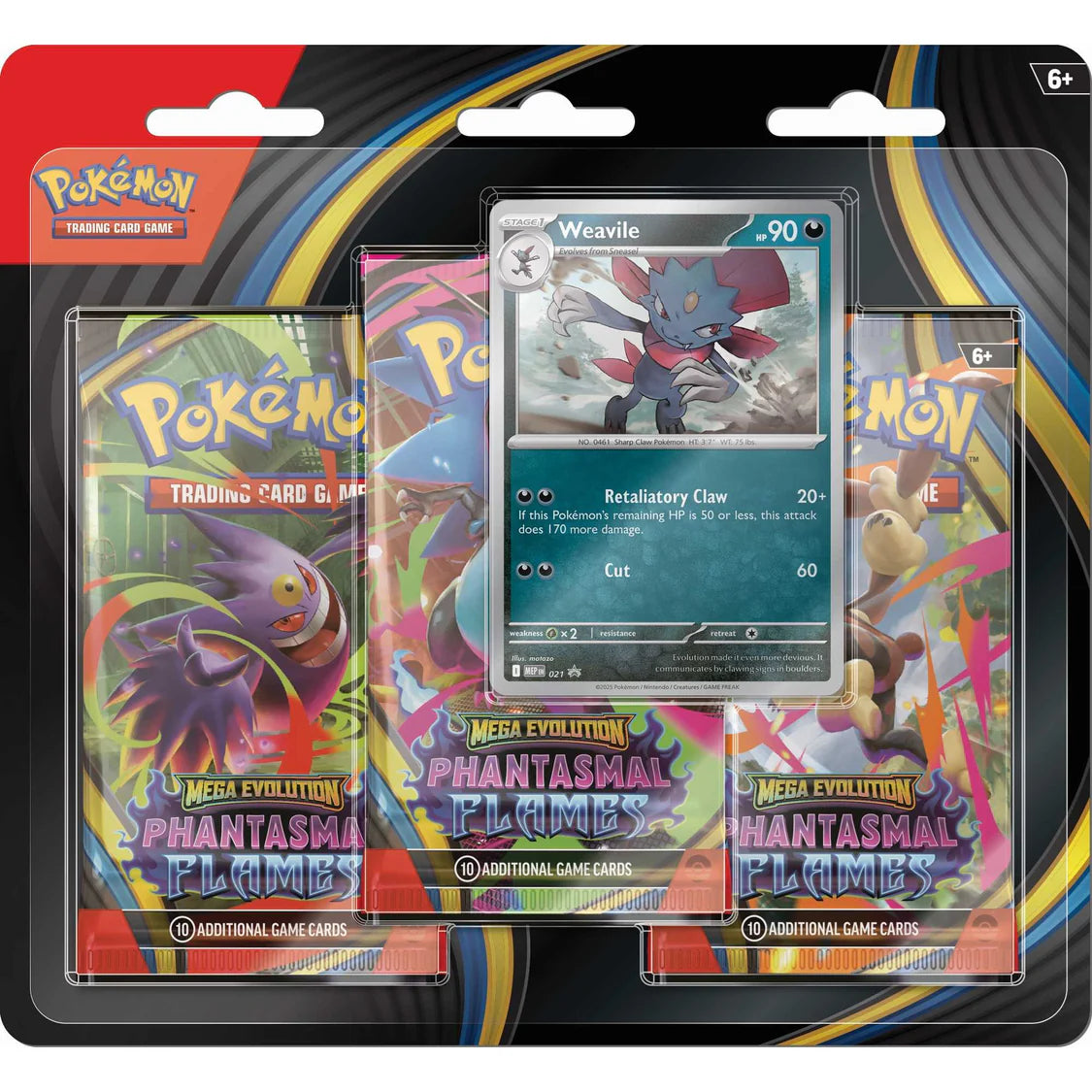 Pokémon trading card game Phantasmal Flames  3 pack blister with Weavile card and colorful artwork
