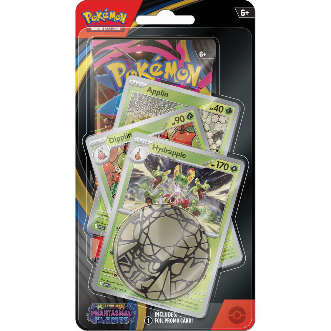 Pokémon trading card game pack with cards and promotional card on a white background