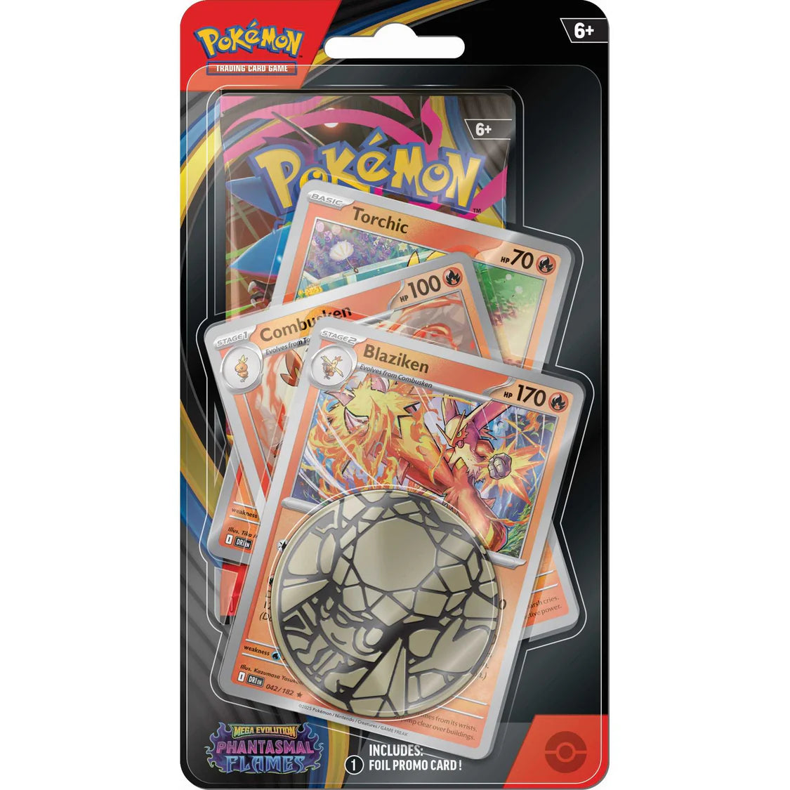 Pokémon trading card game Phantasmal Flames pack with cards and a foil promo card on a white background