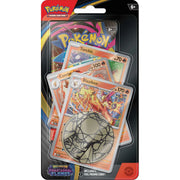 Pokémon trading card game Phantasmal Flames pack with cards and a foil promo card on a white background