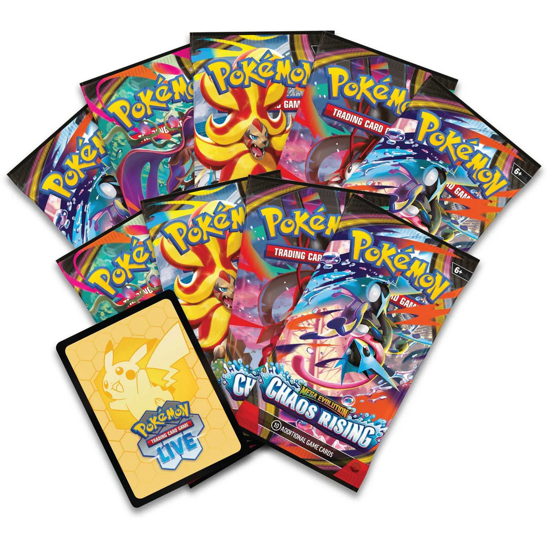 Collection of colorful Pokémon trading card packs on a white background
