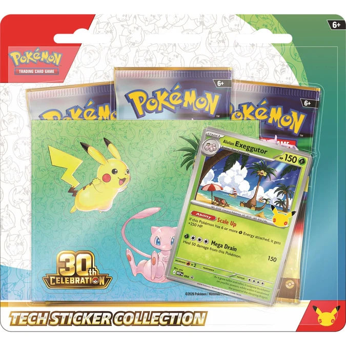 Pokémon Tech Sticker Collection 30th Anniversary packaging, featuring a green Pikachu-themed sticker sheet, a pink Mew sticker, and three Pokémon trading cards in a clear plastic sleeve.