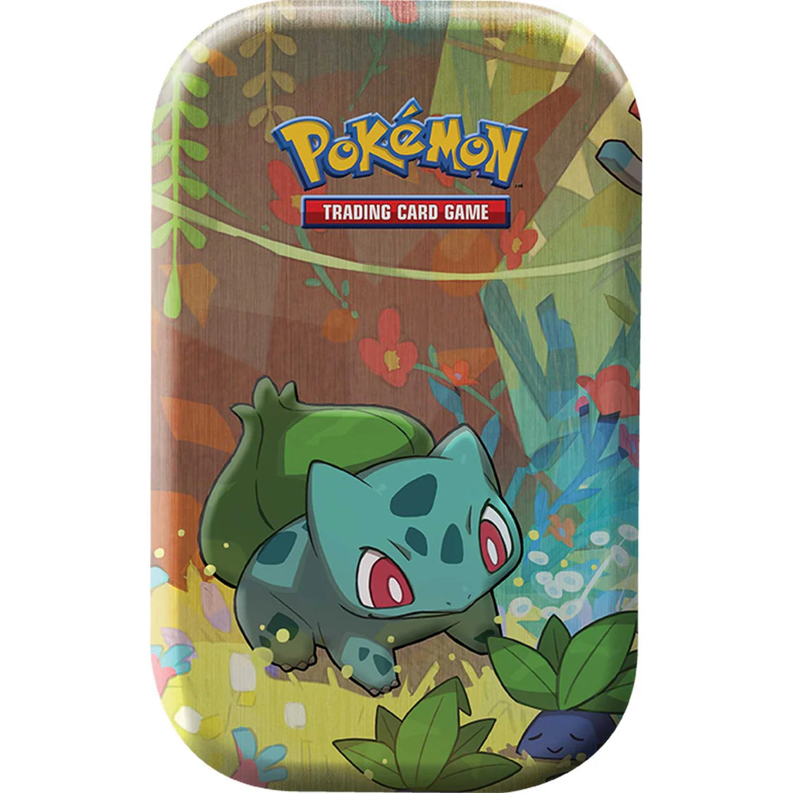 Pokémon Trading Card Game tin with Bulbasaur illustration on a colorful background