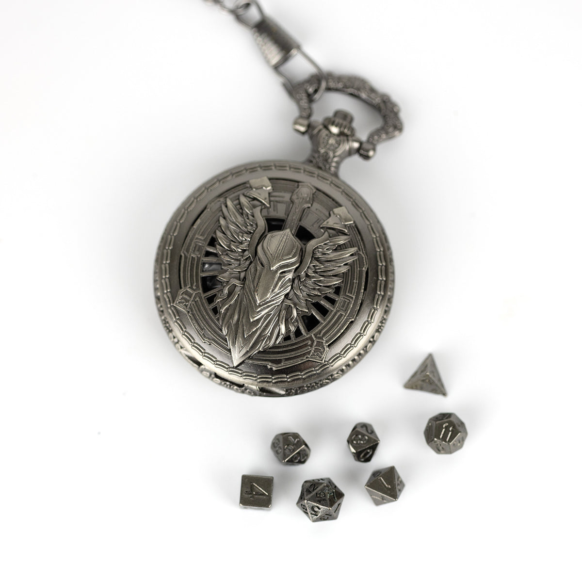 Decorative pocket watch with an eagle emblem and surrounding dice on a white background